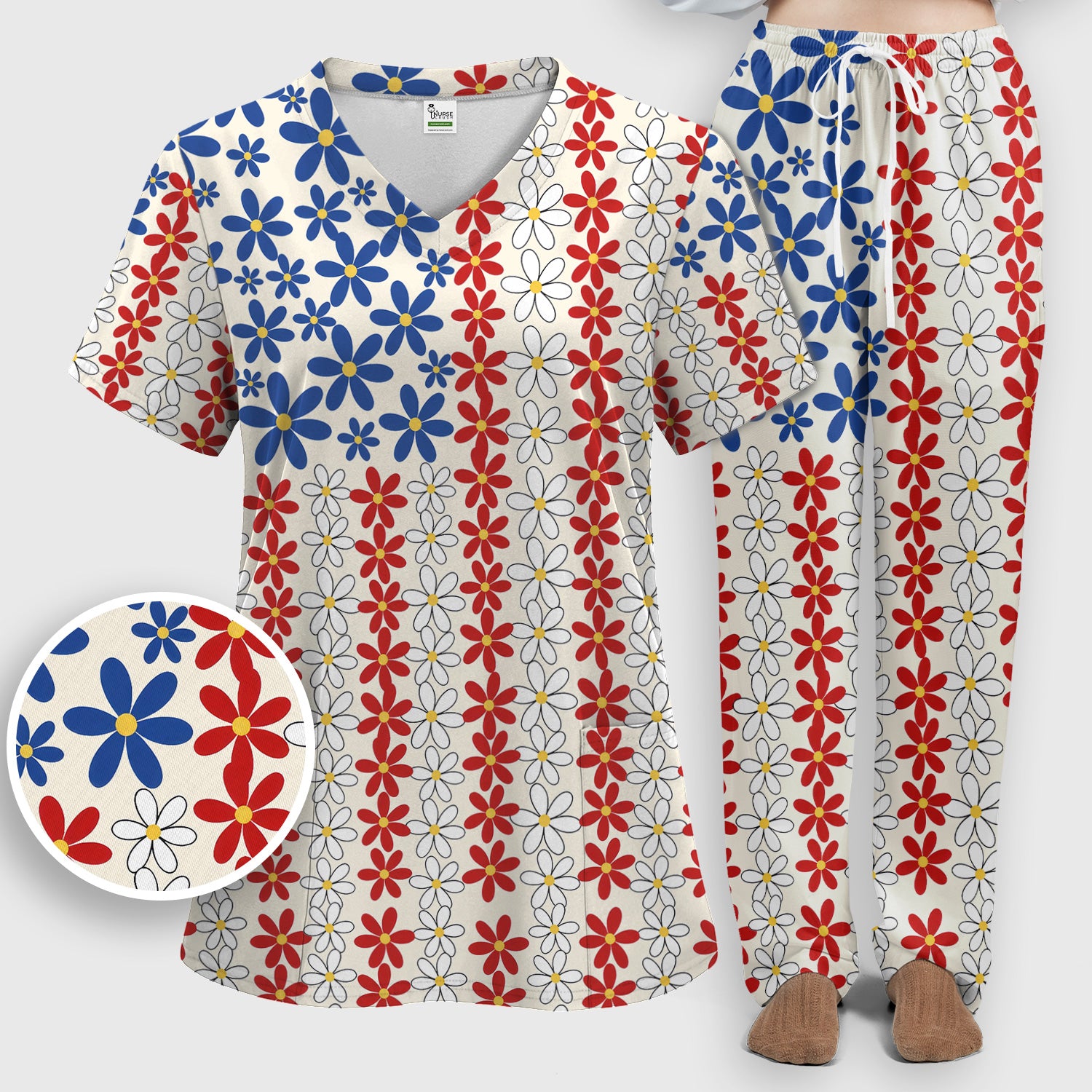 Retro Red Blue Daisy Stripe Pattern Scrub Top, Breathable Fabrics Nursing Uniform