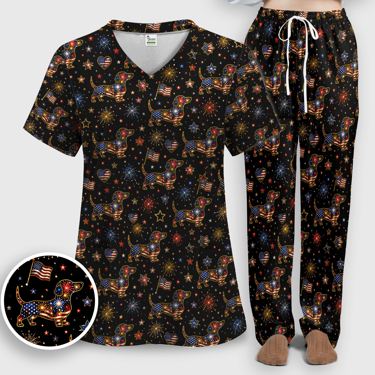 Patriotic Dachshund Nurse for RN & CNA, Fireworks Dog Lover Healthcare Uniform Scrub Set, Scrub Pants and V Neck Top