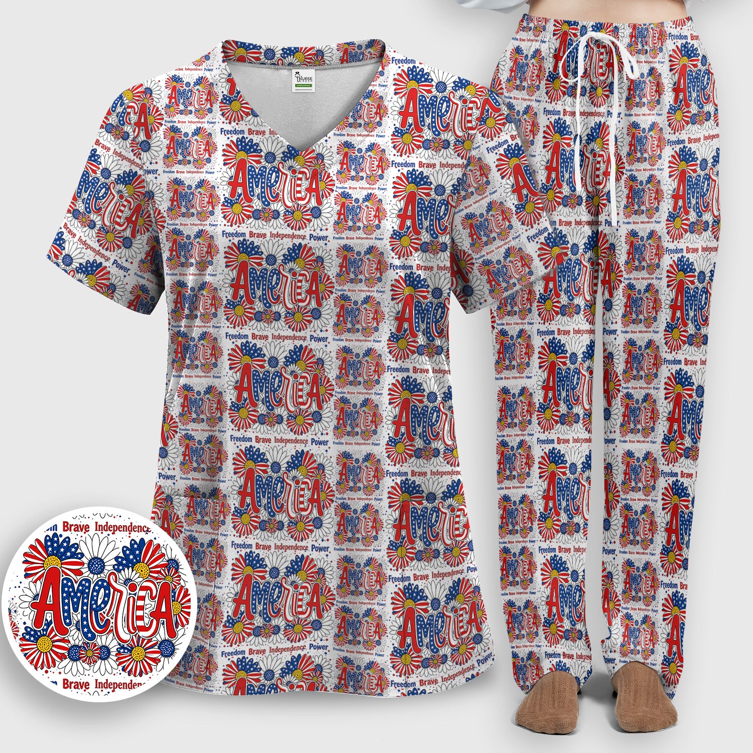 Patriotic America Floral Fireworks Pattern Scrub Set, Scrub Pants and V Neck Top