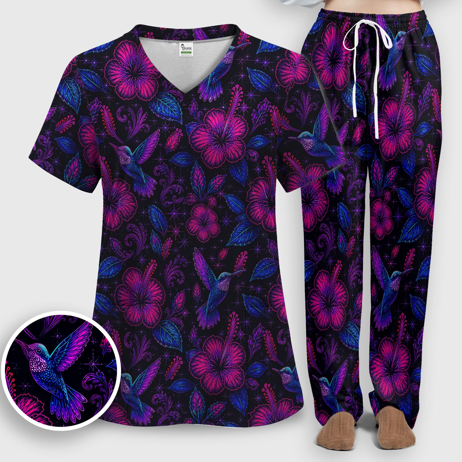 Tropical Hummingbird Hibiscus Floral Pattern Scrub Set, Scrub Pants and V Neck Top