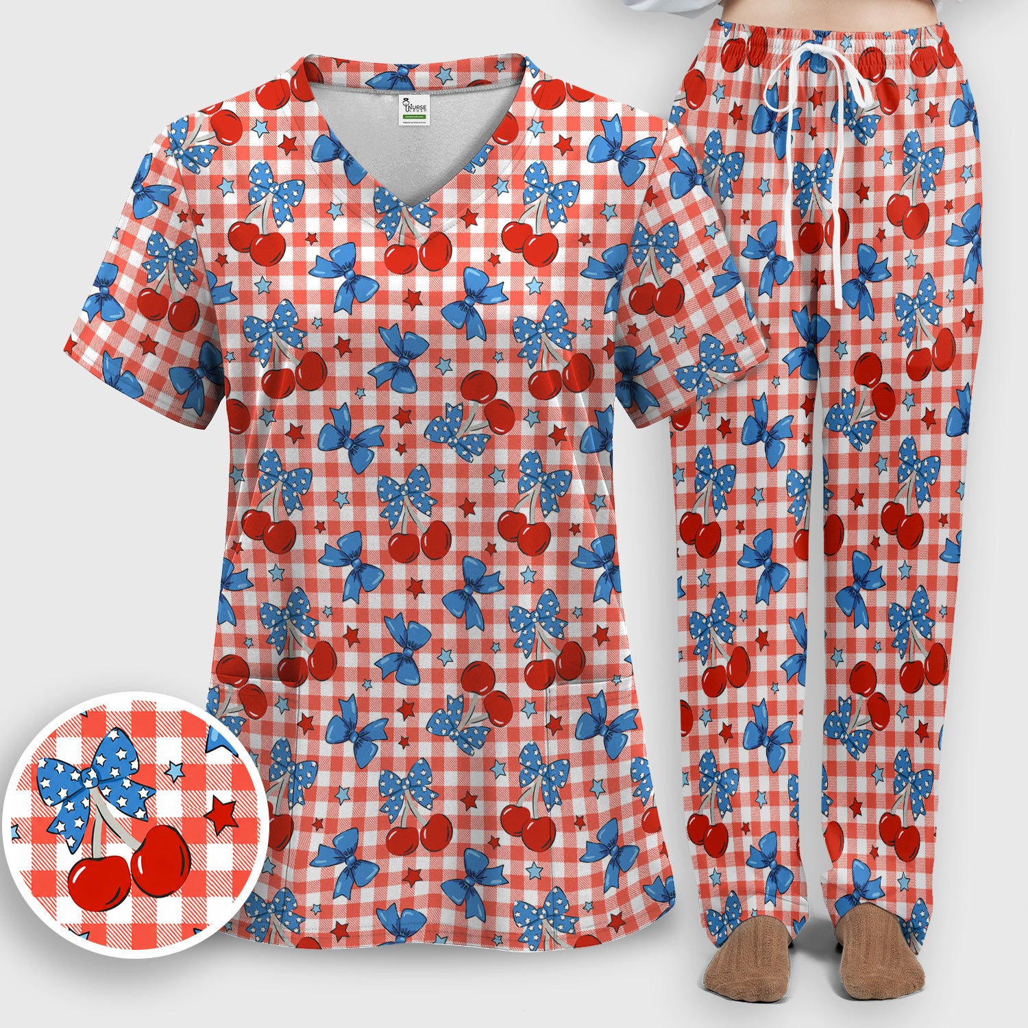 Cute Patriotic Cherry Bow Checkered Pattern Scrub Set, Scrub Pants and V Neck Top