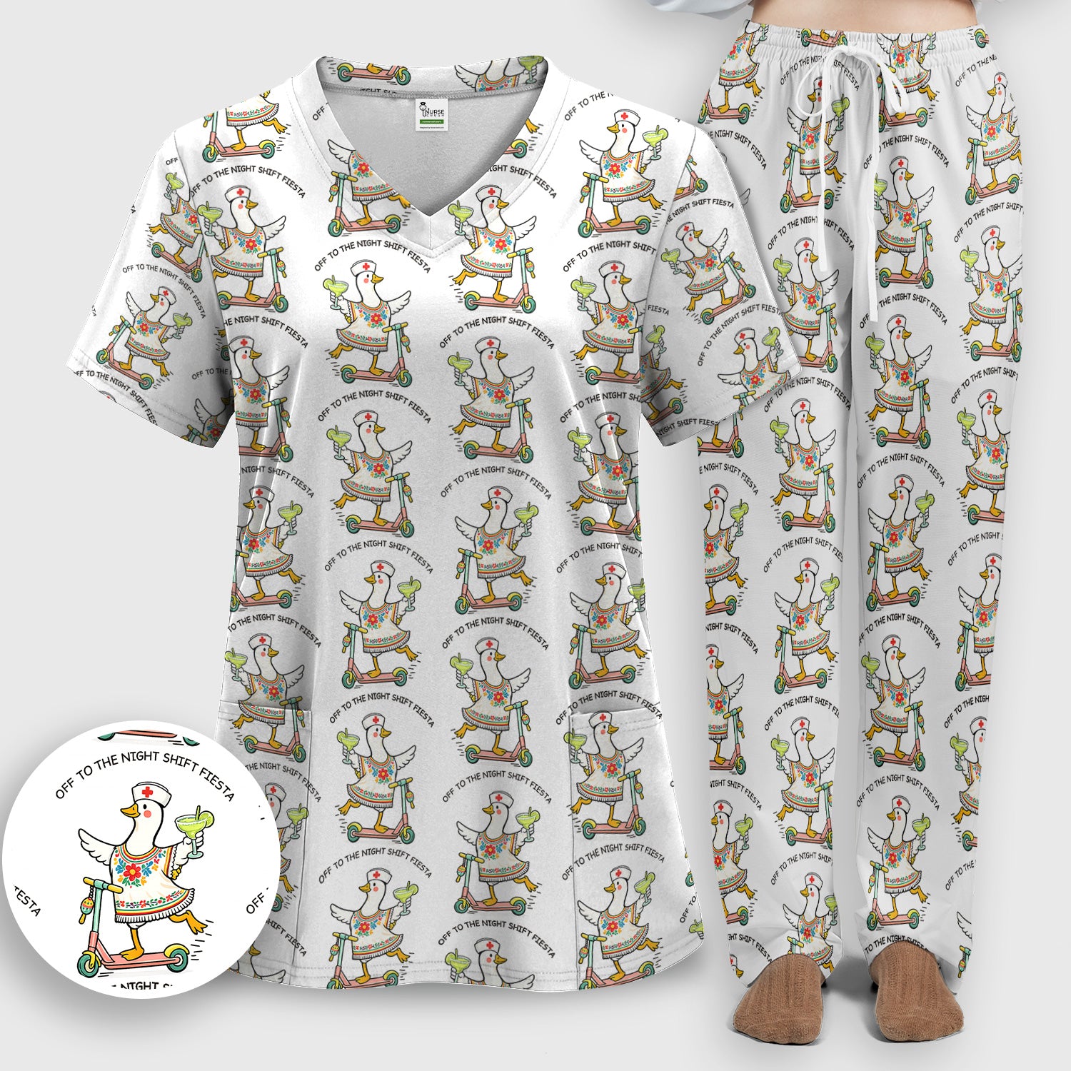 Funny Duck Scooter Night Shift Fiesta Scrub Set, Scrub Pants and V Neck Top