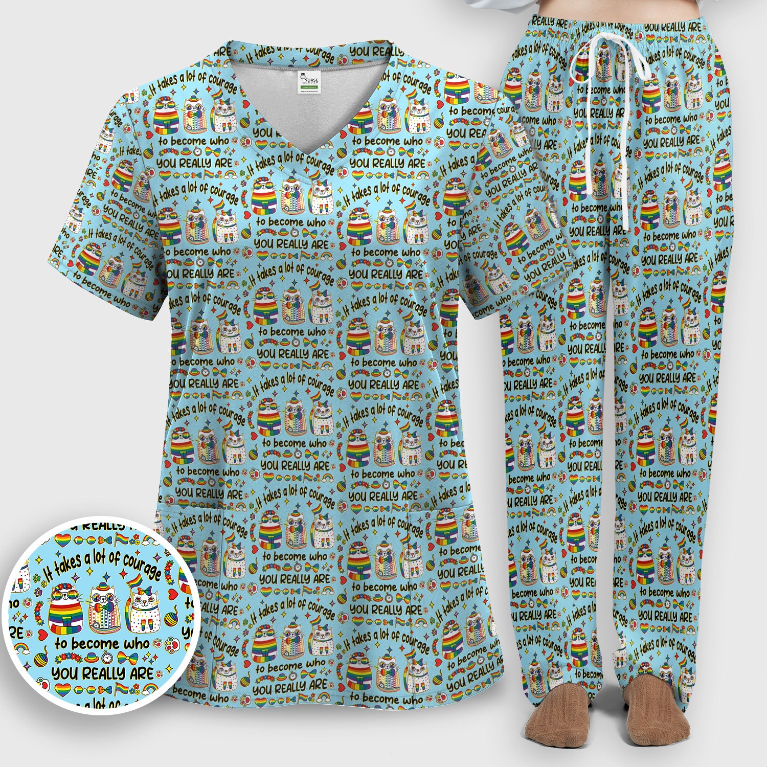 Inspirational Nurse Rainbow Cat Courage Quote Pattern Scrub Top, Breathable Fabrics Nursing Uniform