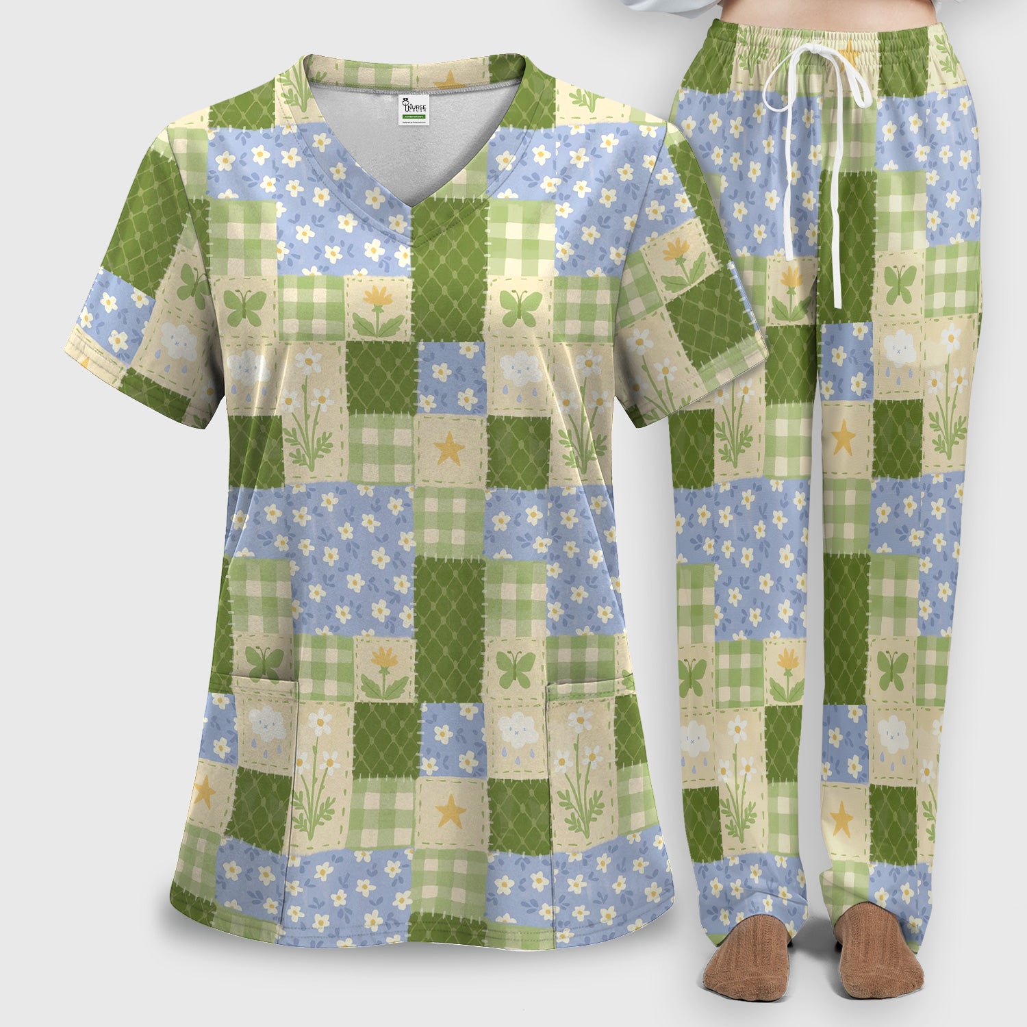 Green Patchwork Clover Floral Pattern Scrub Set, Scrub Pants and V Neck Top