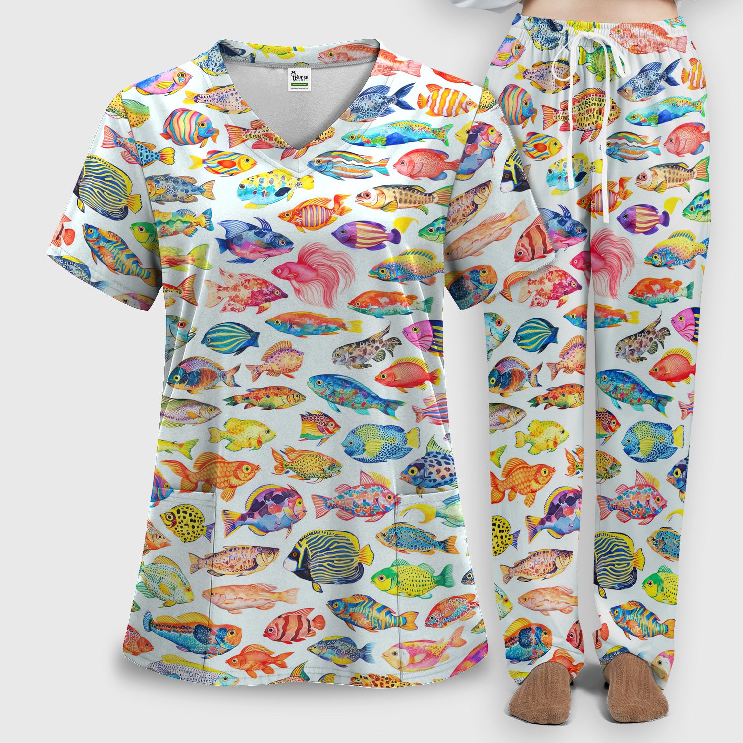Colorful Tropical Fish Pattern Scrub Set, Scrub Pants and V Neck Top