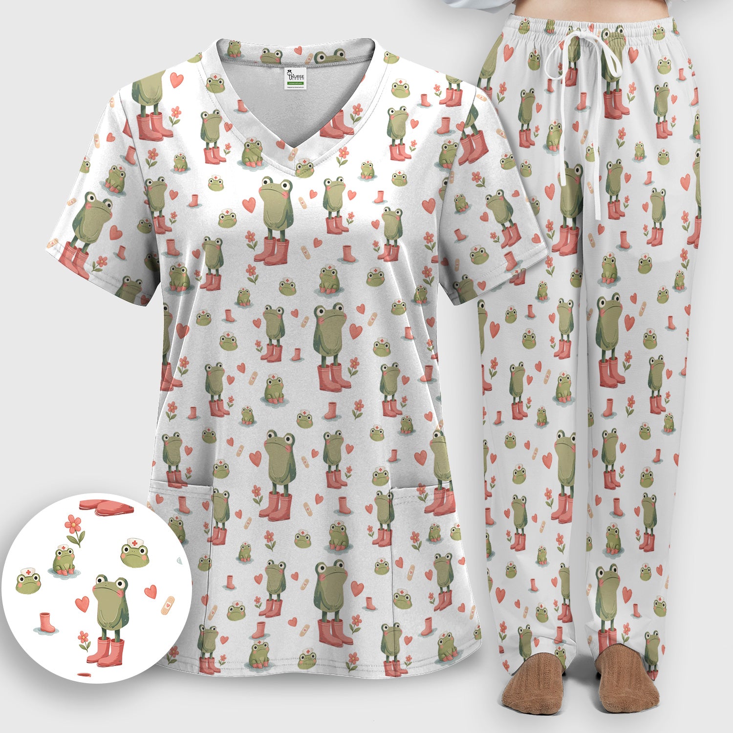 Adorable Frog Boots Heart Pattern Scrub Set, Nurse Uniform Scrubs Set