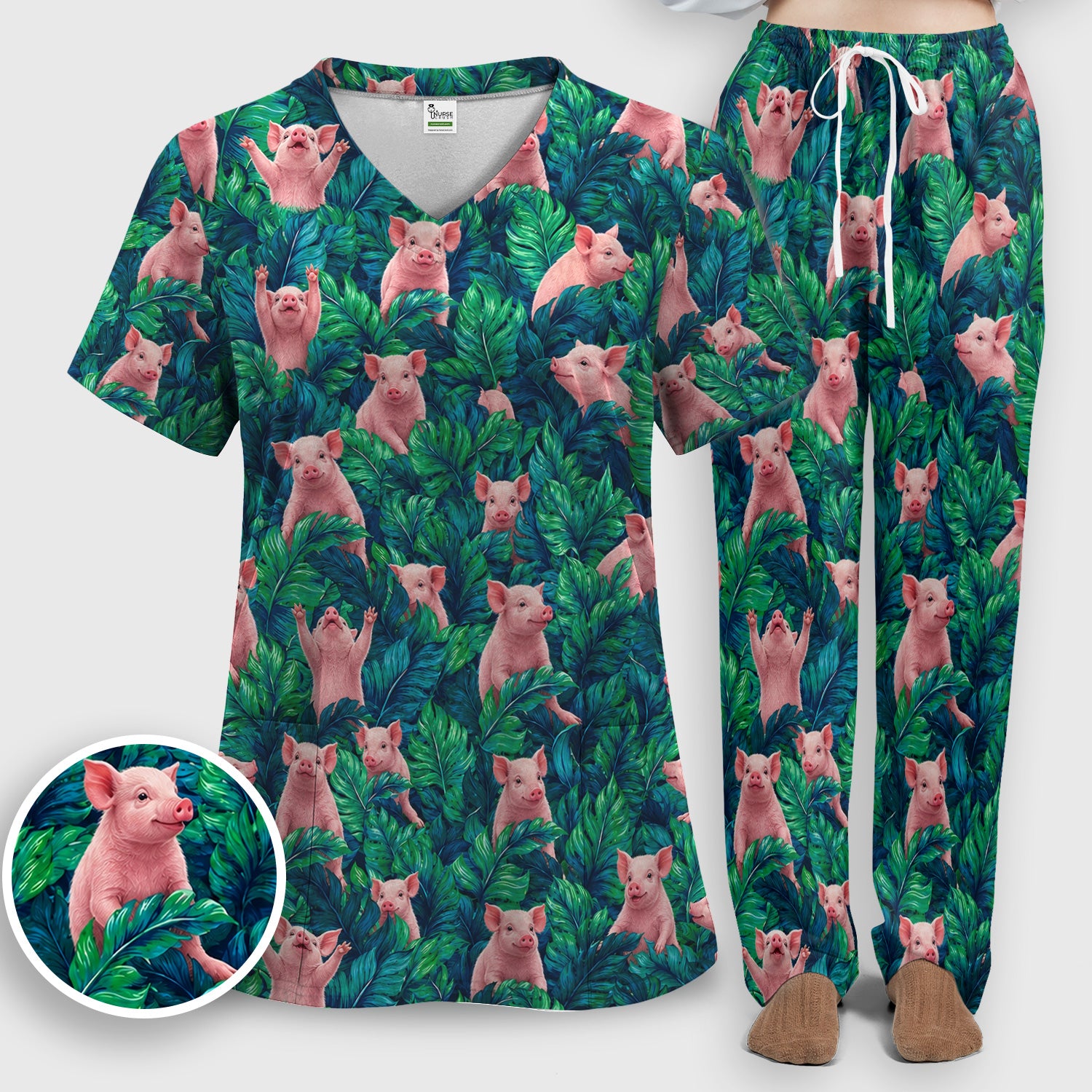 Cute Piglet Jungle Leaves Pattern Scrub Set, Scrub Pants and V Neck Top