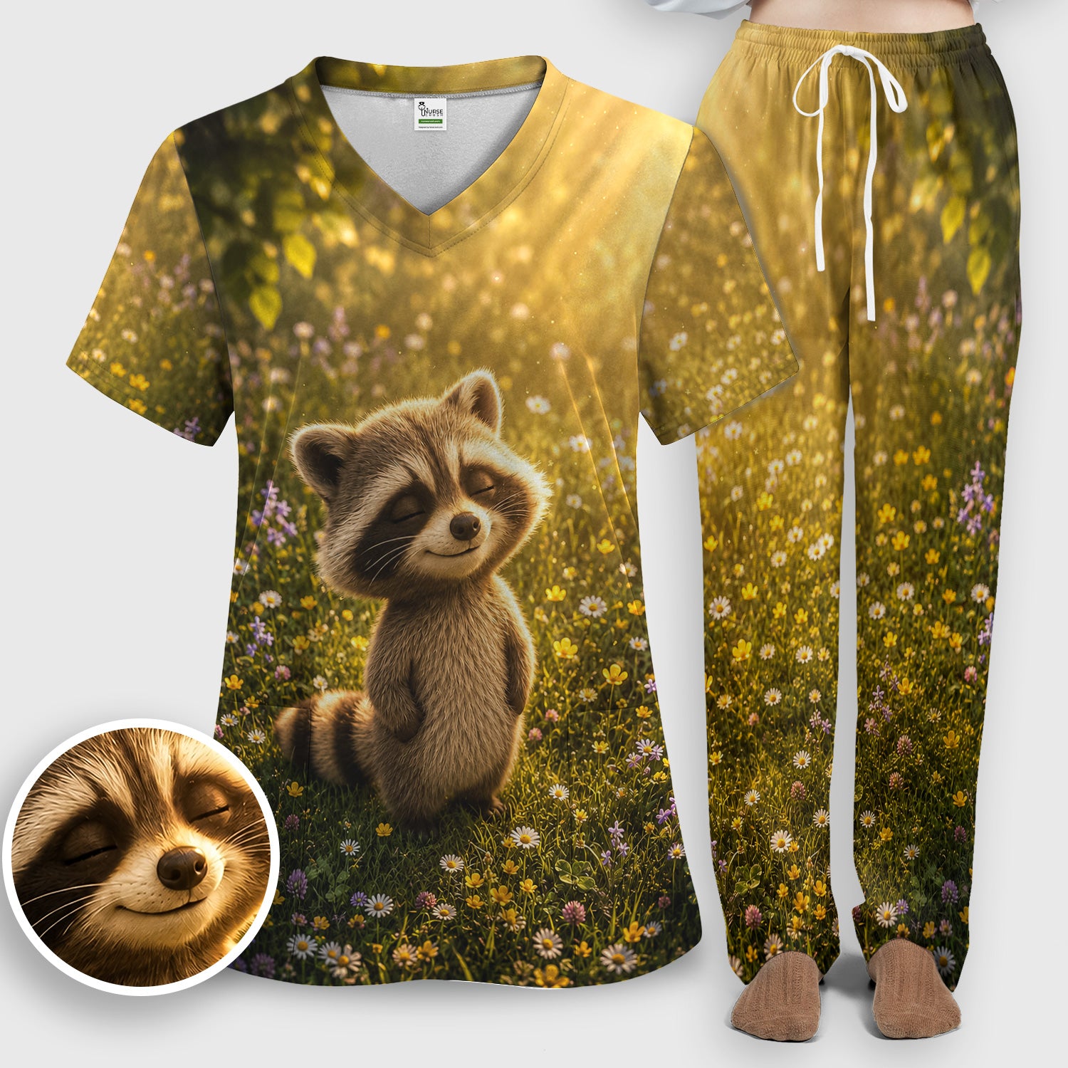Smiling Raccoon Meadow Flower Pattern Scrub Set, Scrub Pants and V Neck Top