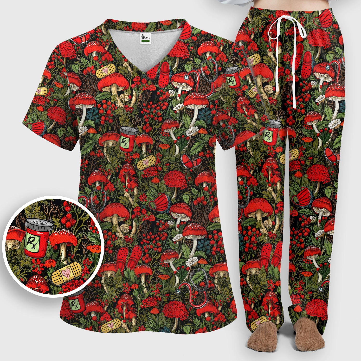 Red Mushroom Medical Forest Pattern Scrub Set, Scrub Pants and V Neck Top