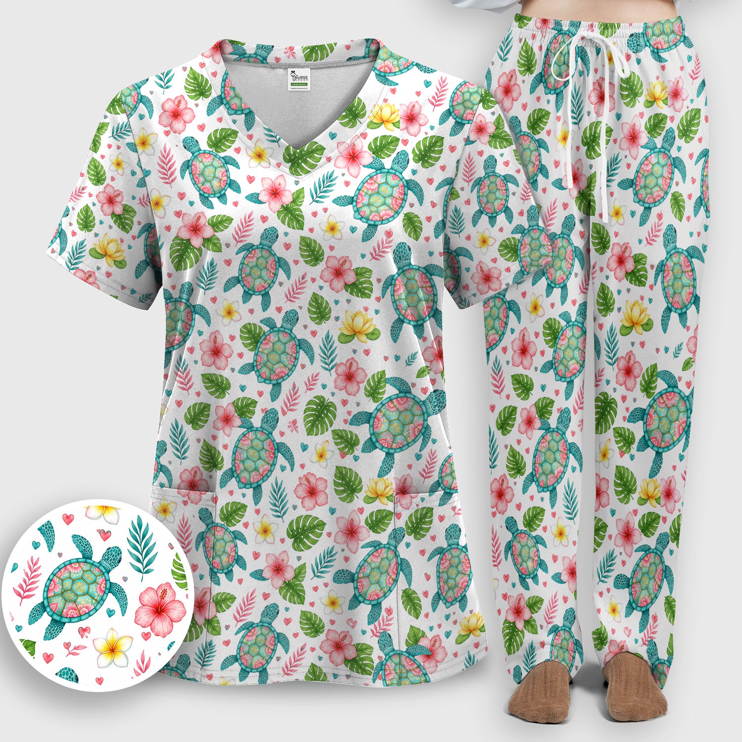 Tropical Sea Turtle Floral Pattern Scrub Set, Scrub Pants and V Neck Top