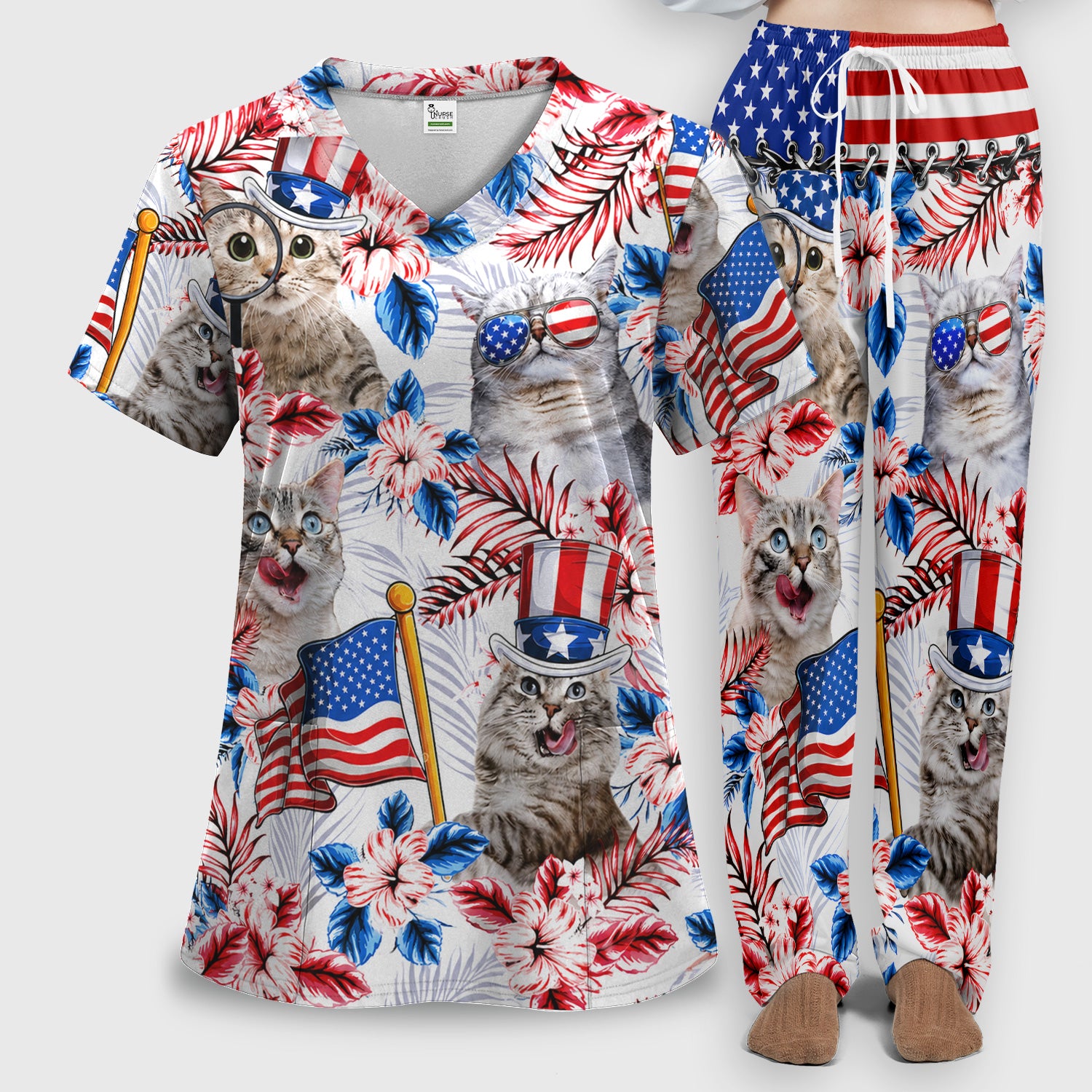 Patriotic Cat with USA Flag Scrub Set, Scrub Pants and V Neck Top