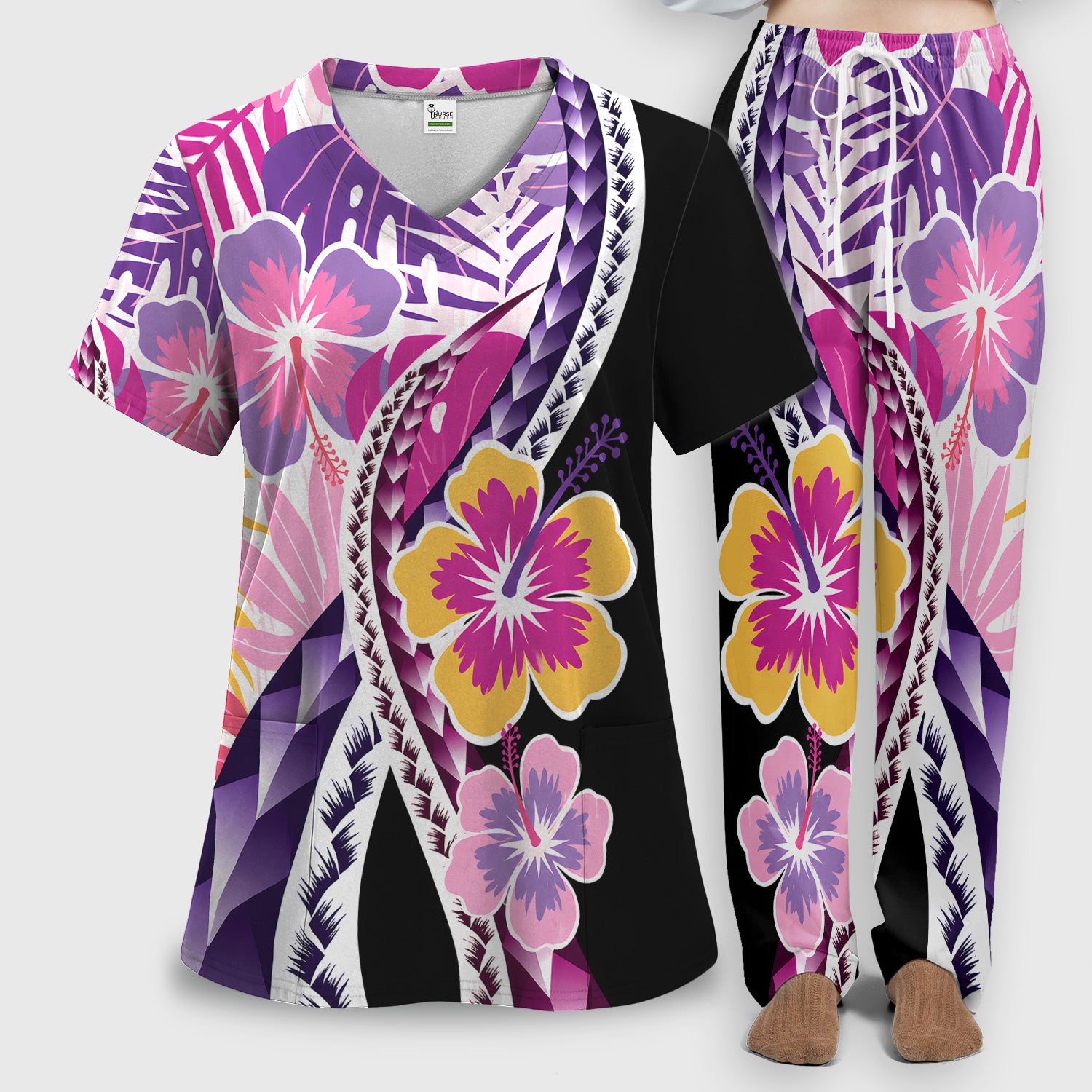 Nurse Tropical Hibiscus Leaf Pattern Scrub Set, Scrub Pants and V Neck Top