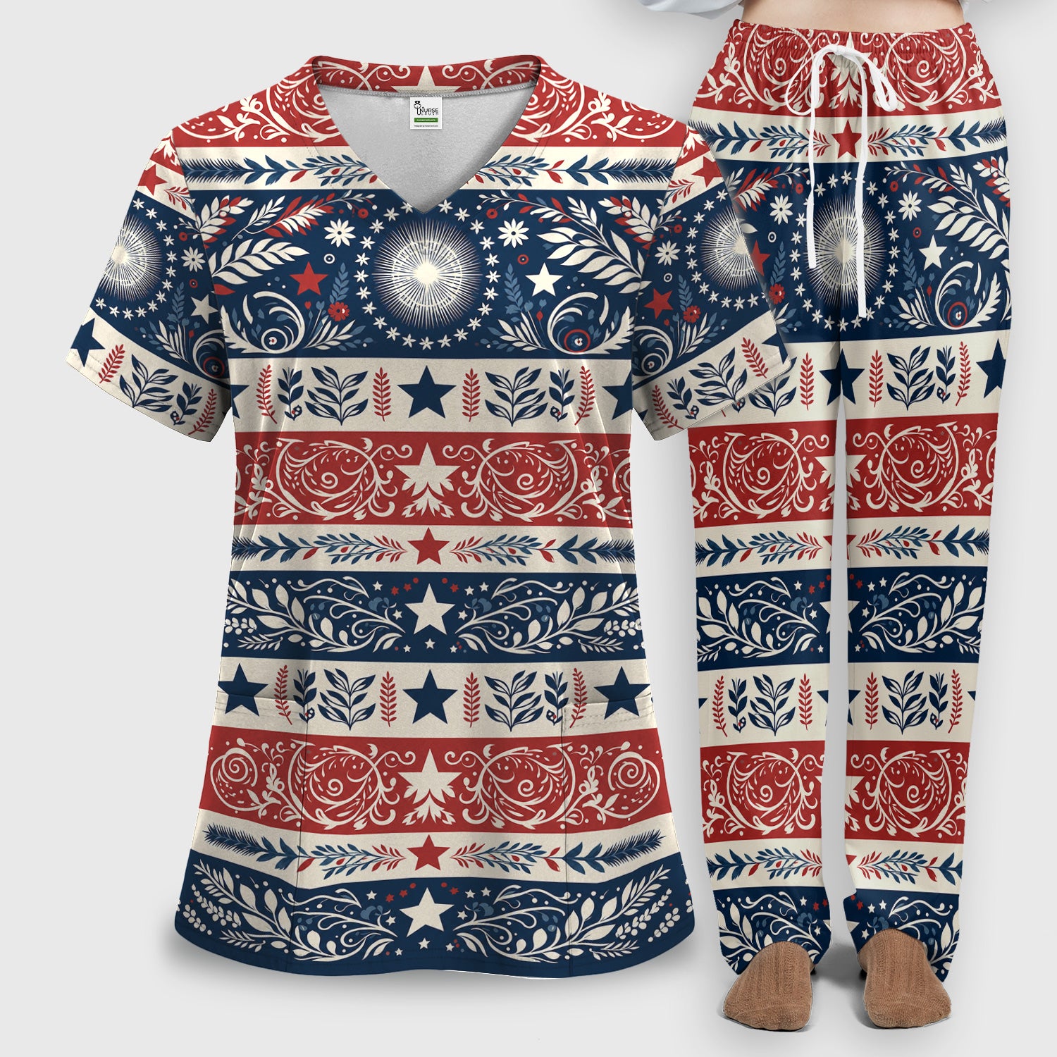 Patriotic Americana Starburst Floral Pattern Scrub Set, Scrub Pants and V Neck Top