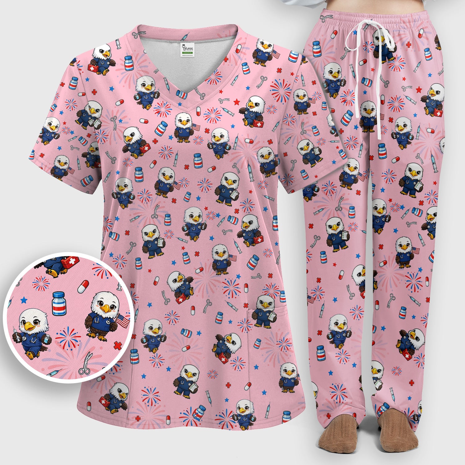 Patriotic Nurse Eagle Fireworks Medical Pattern Scrub Set, Women's Scrub Sets