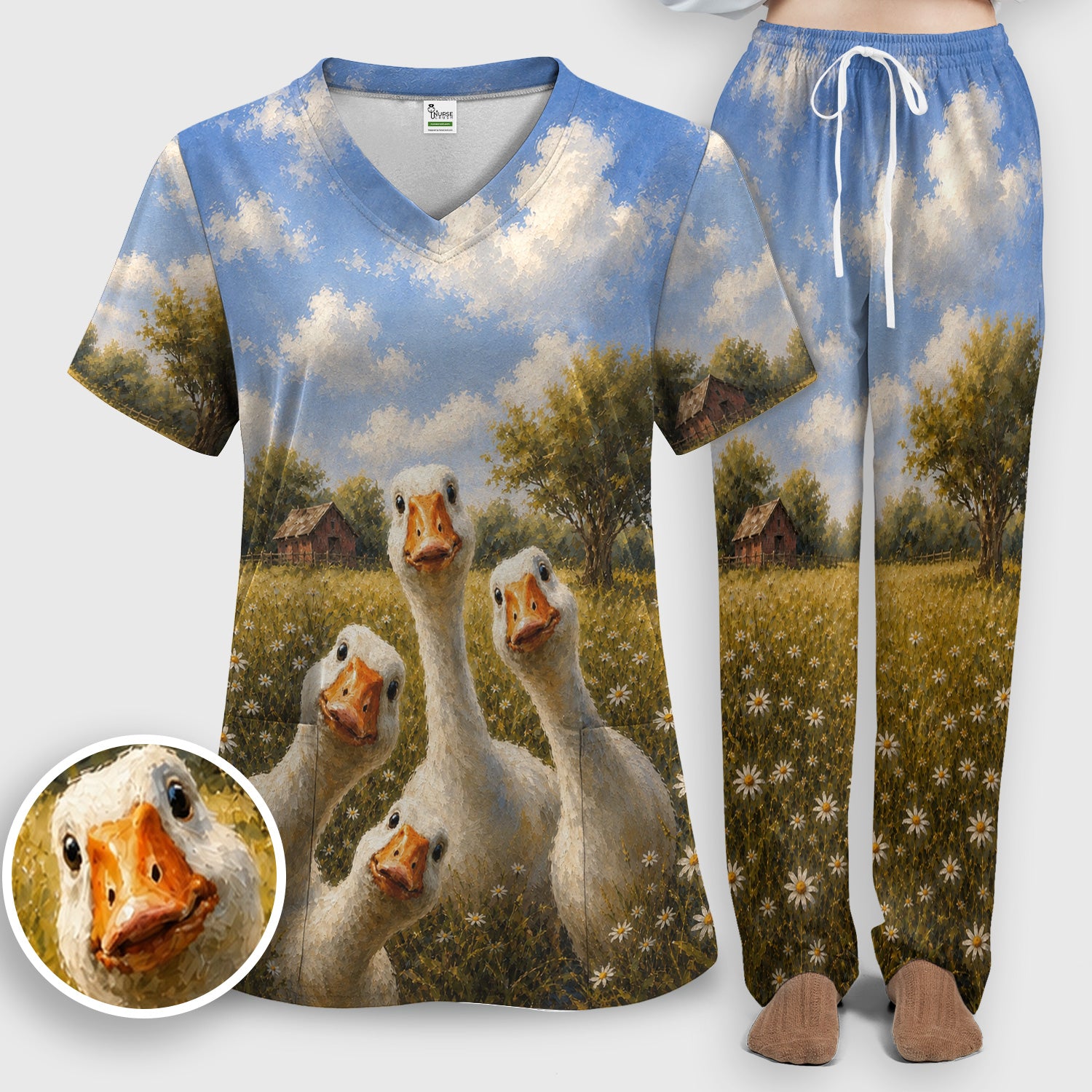 Cute Farmhouse Goose Meadow Pattern Scrub Set, Scrub Pants and V Neck Top