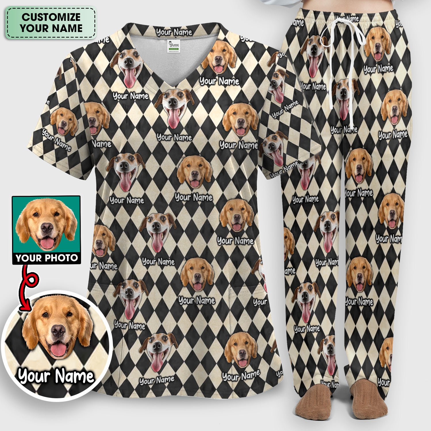 Personalized Pet Portrait Argyle Scrub Set, Scrub Pants and V Neck Top