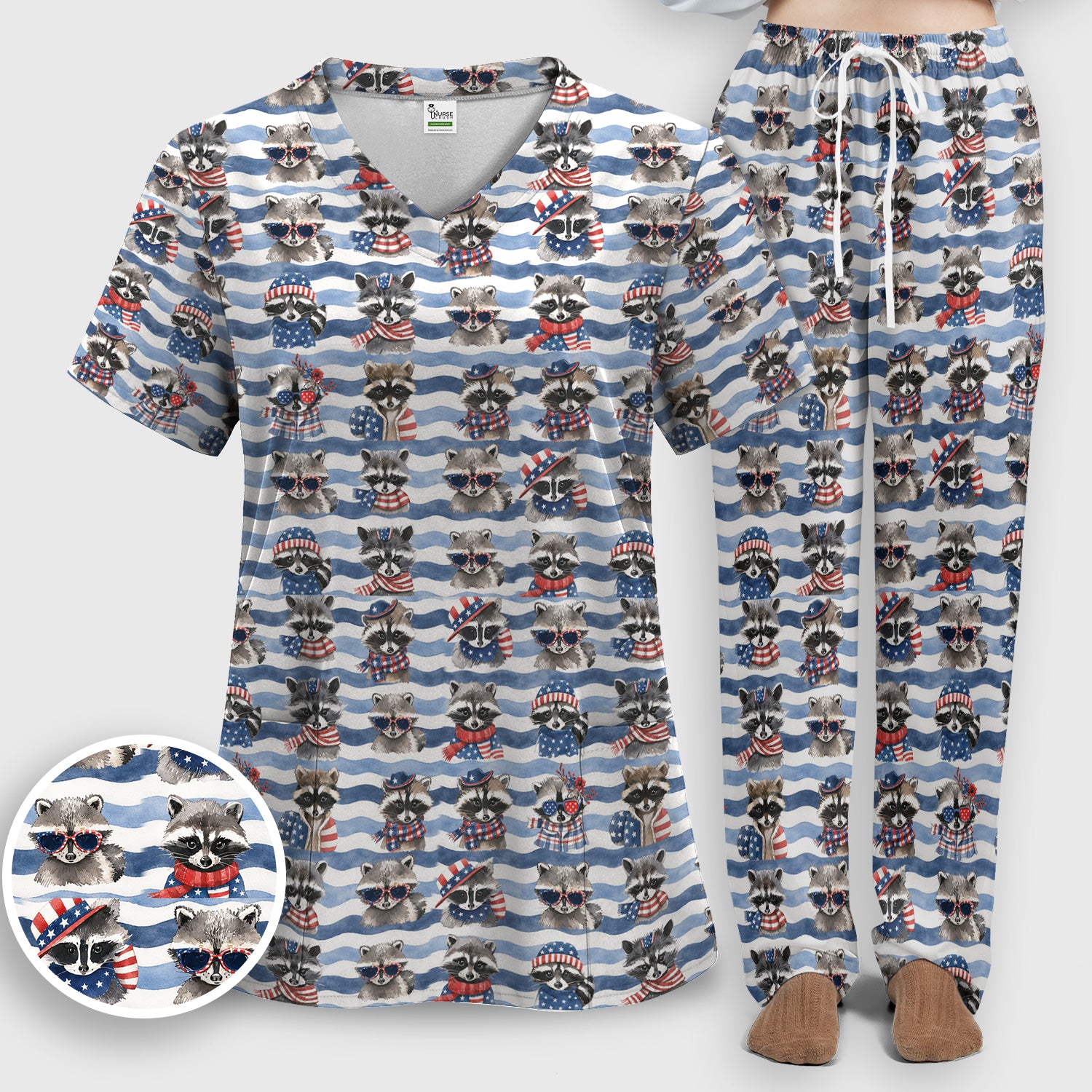 Patriotic Raccoon Watercolor Stripe Pattern Scrub Set, Scrub Pants and V Neck Top