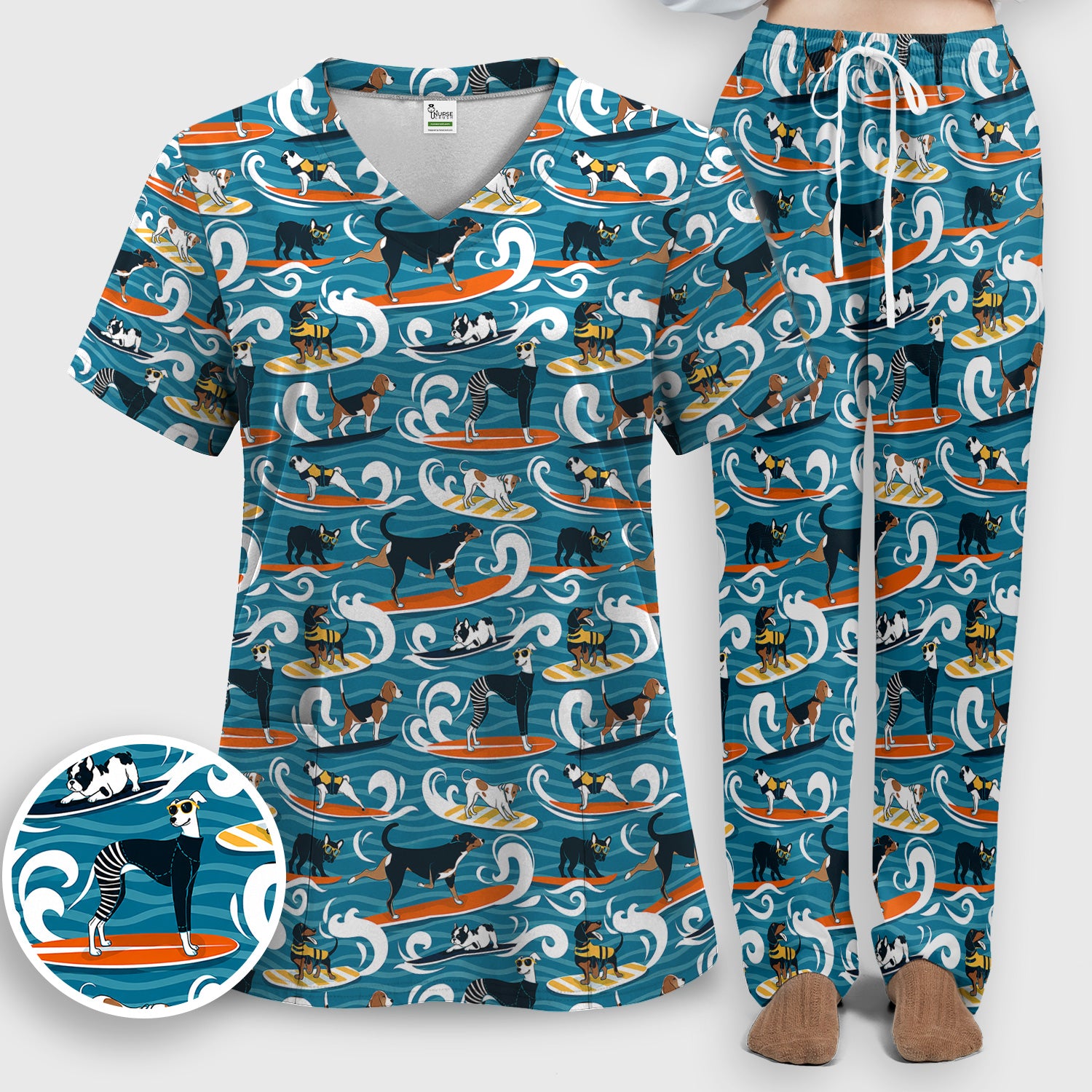 Surfing Dogs Ocean Wave Print Scrub Set, Scrub Pants and V Neck Top