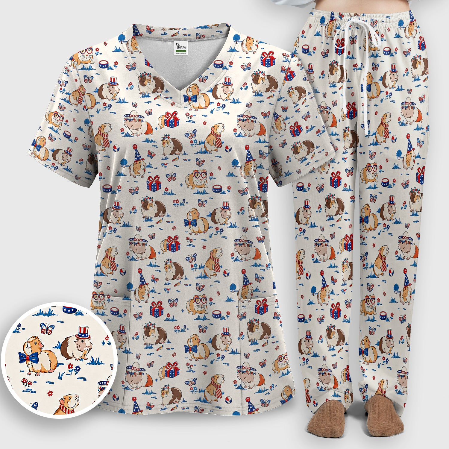 Patriotic Guinea Pig Celebration Pattern Scrub Set, Scrub Pants and V Neck Top