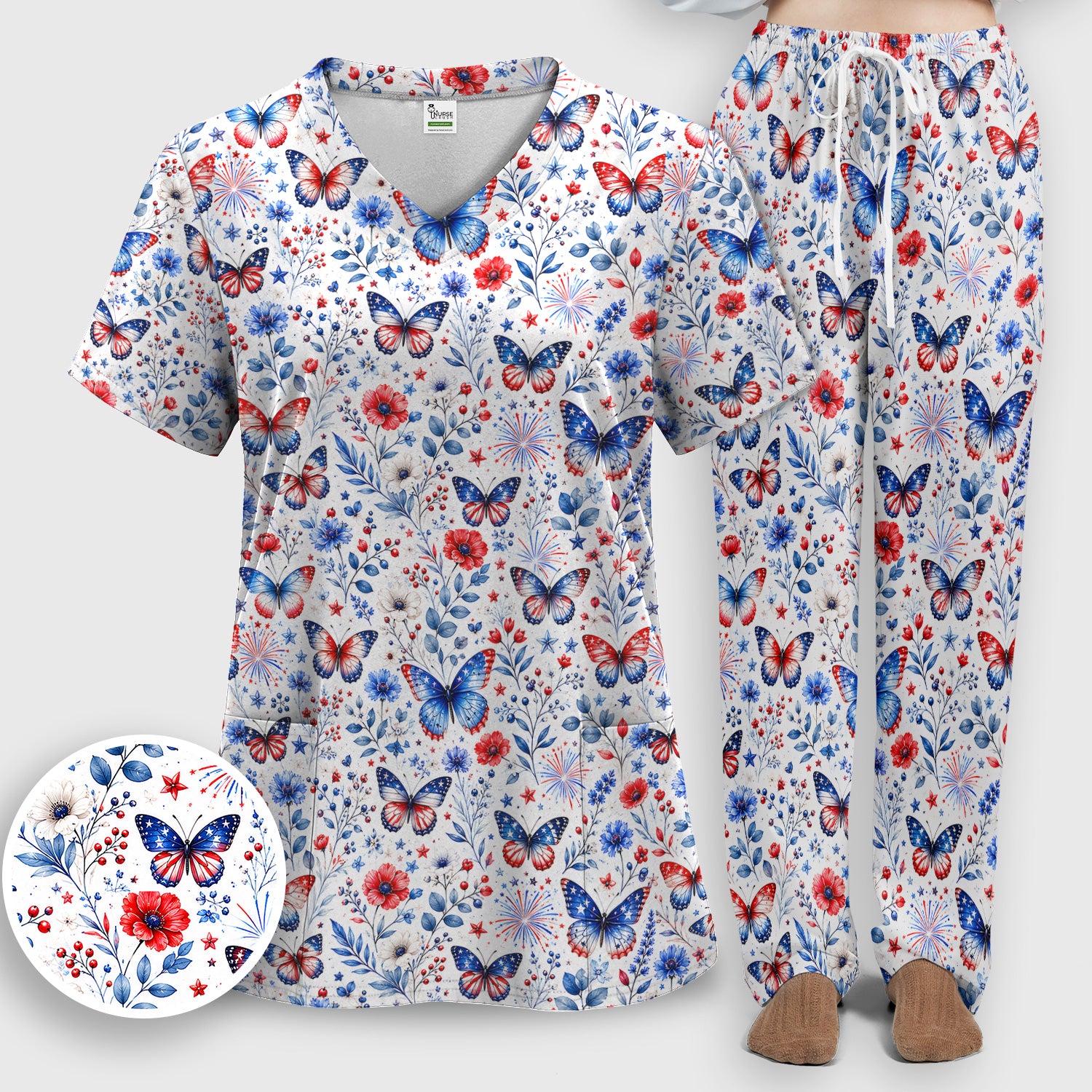 Patriotic Butterfly Fireworks Floral Pattern Scrub Set, Scrub Pants and V Neck Top
