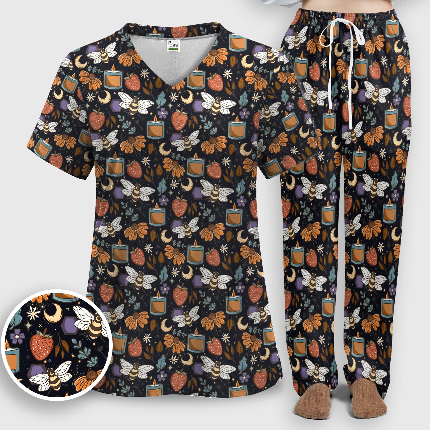 Bee Strawberry Floral Candle Pattern Scrub Set, Scrub Pants and V Neck Top