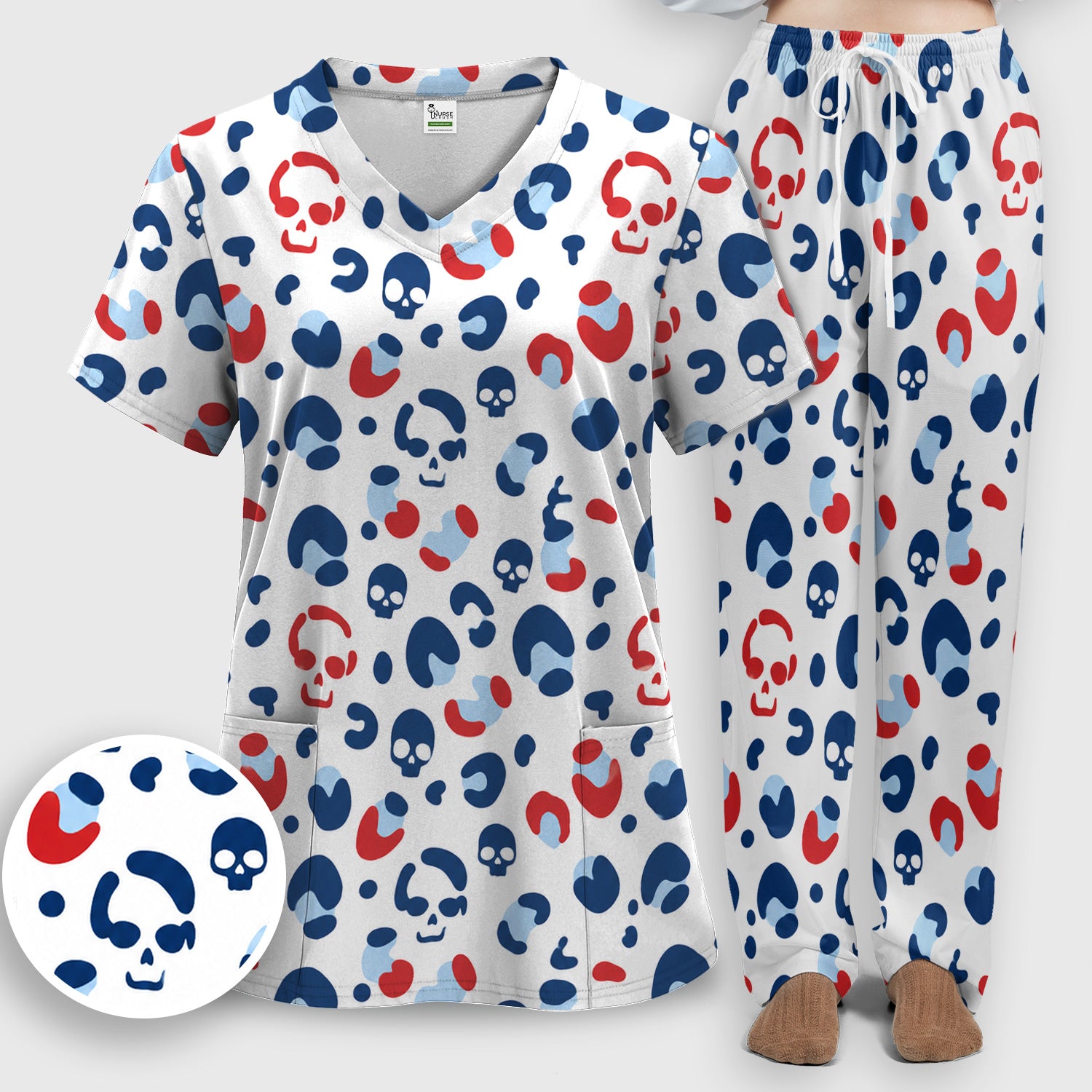 Red Blue Skull Leopard Pattern Scrub Set, Scrub Pants and V Neck Top