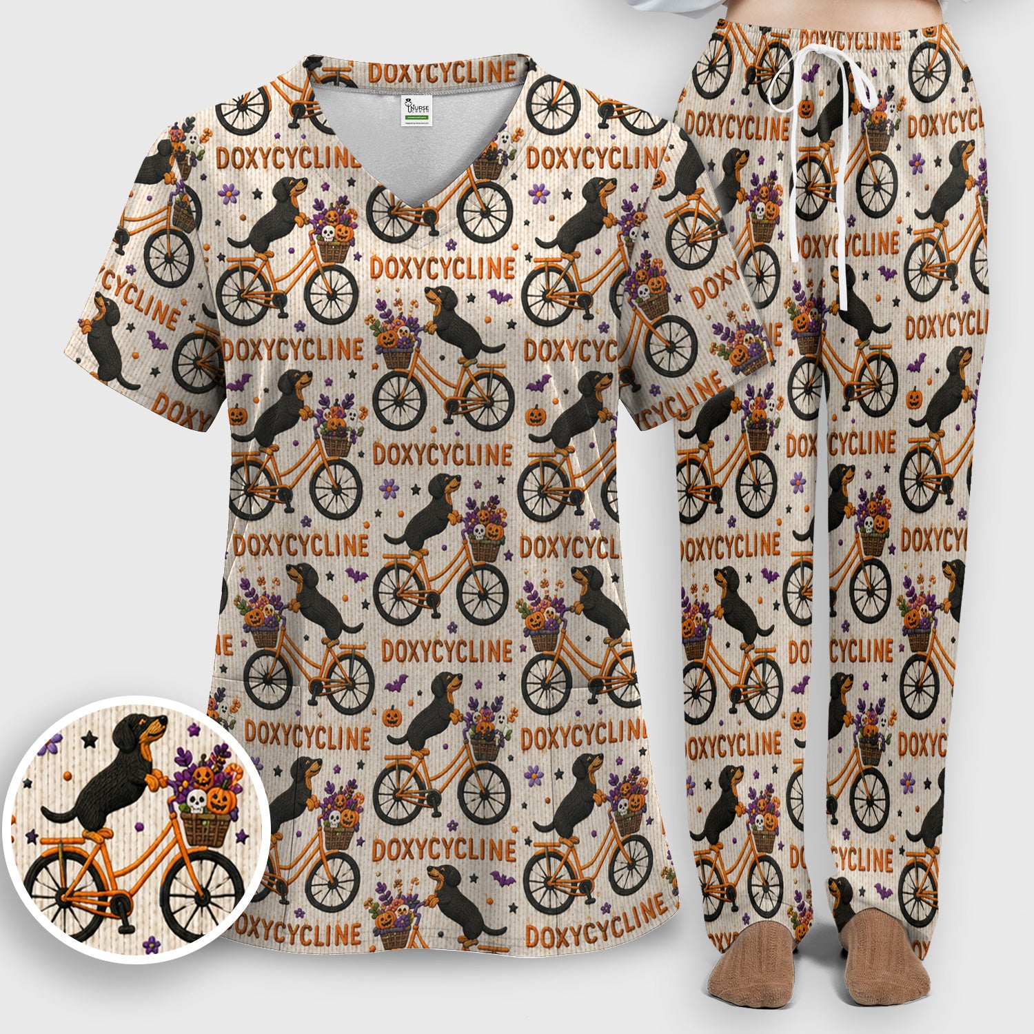 Halloween Dachshund with Doxycycline Bike Print Scrub Set, Scrub Pants and V Neck Top