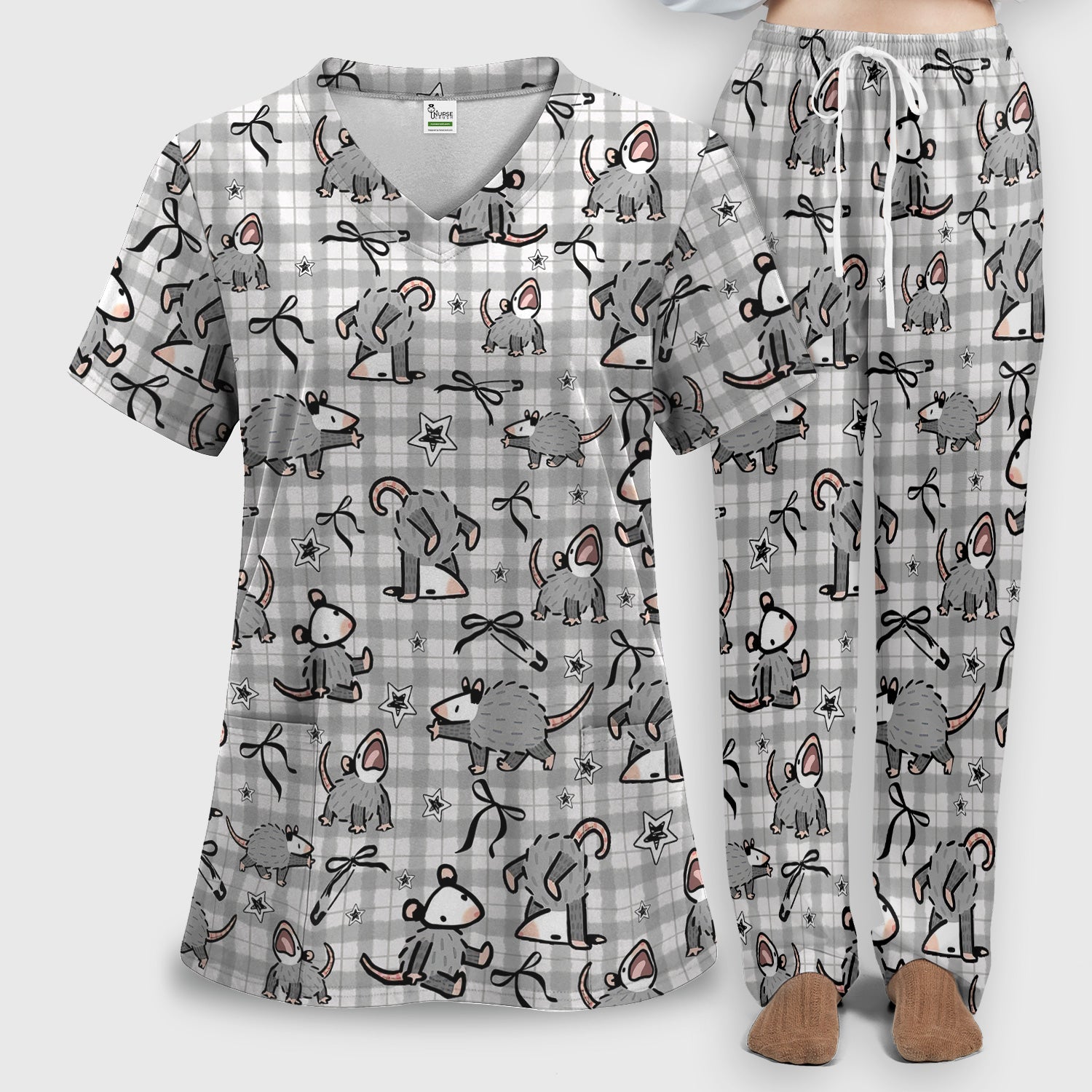 Funny Mouse Cartoon Pattern Scrub Set, Scrub Pants and V Neck Top