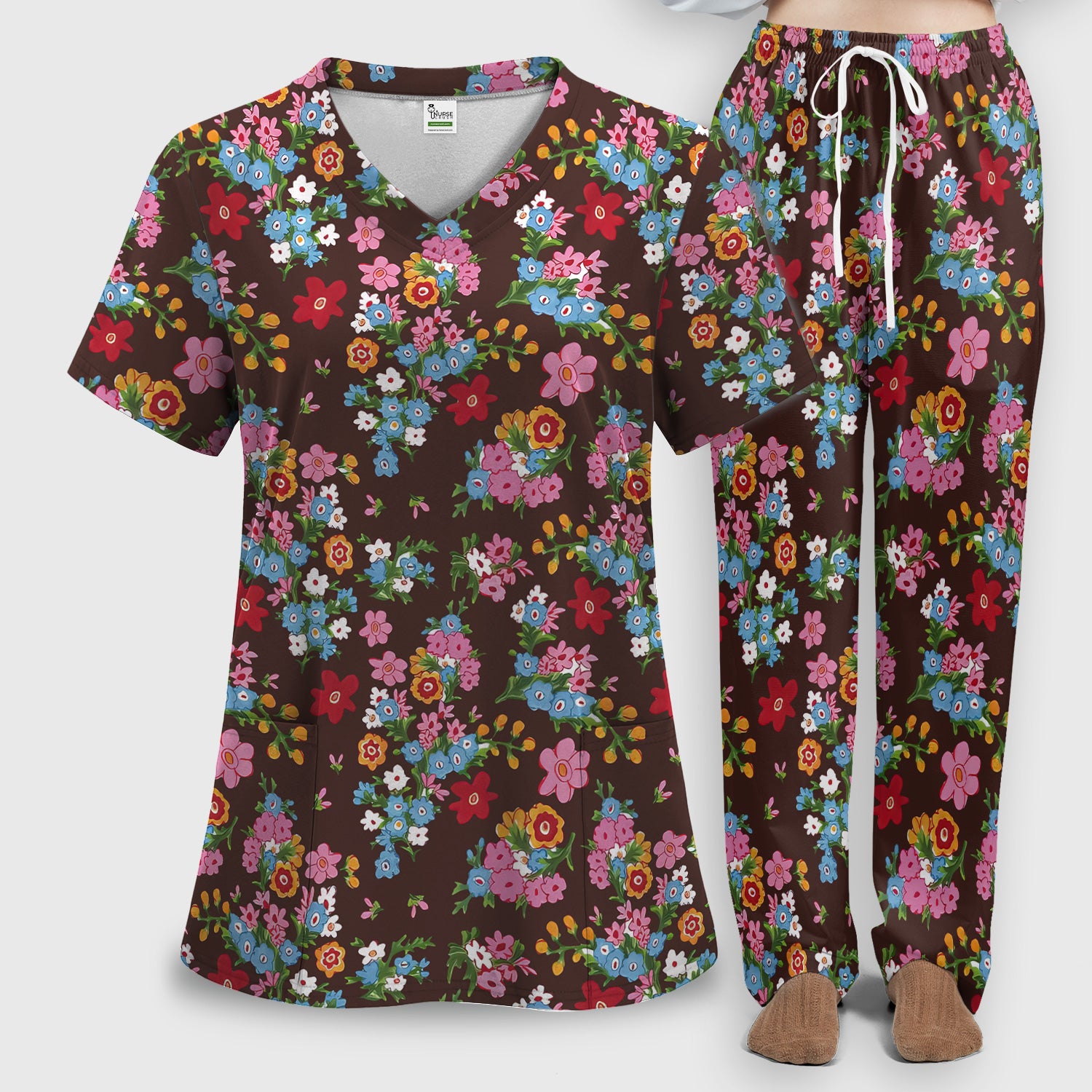 Charming Vintage Floral Bouquet Pattern Scrub Set, Nurse Uniform Scrubs Set
