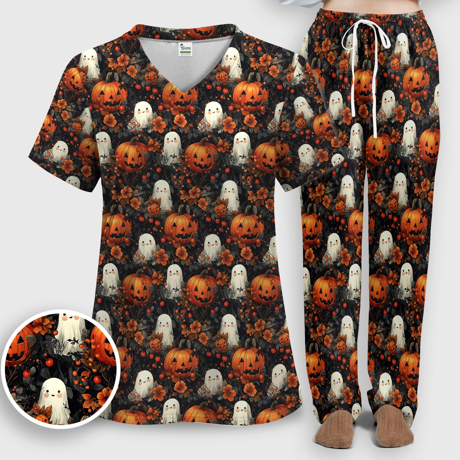 Spooky Halloween Ghost And Pumpkin Pattern Scrub Set, Scrub Pants and V Neck Top