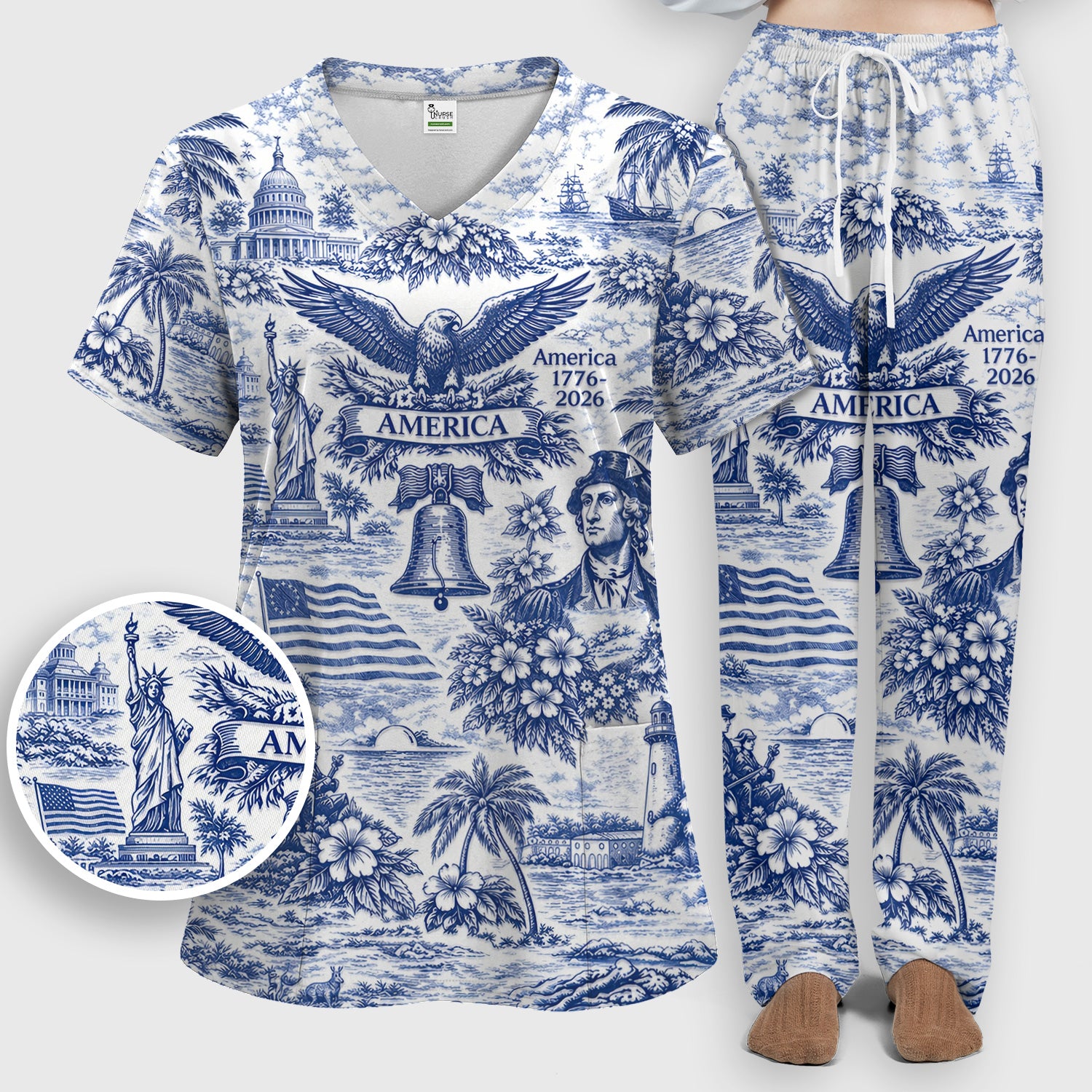 Patriotic America Heritage Toile Pattern Scrub Set, Women's Scrub Sets