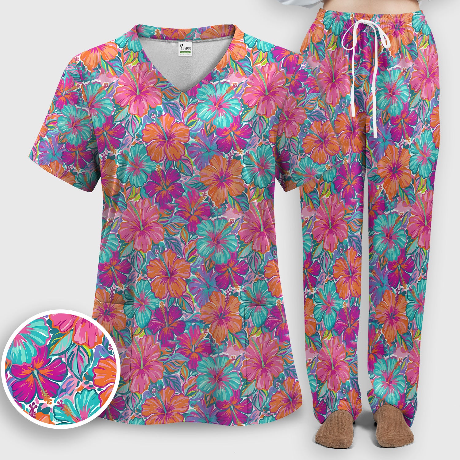 Vibrant Hibiscus Tropical Floral Pattern Scrub Set, Scrub Pants and V Neck Top
