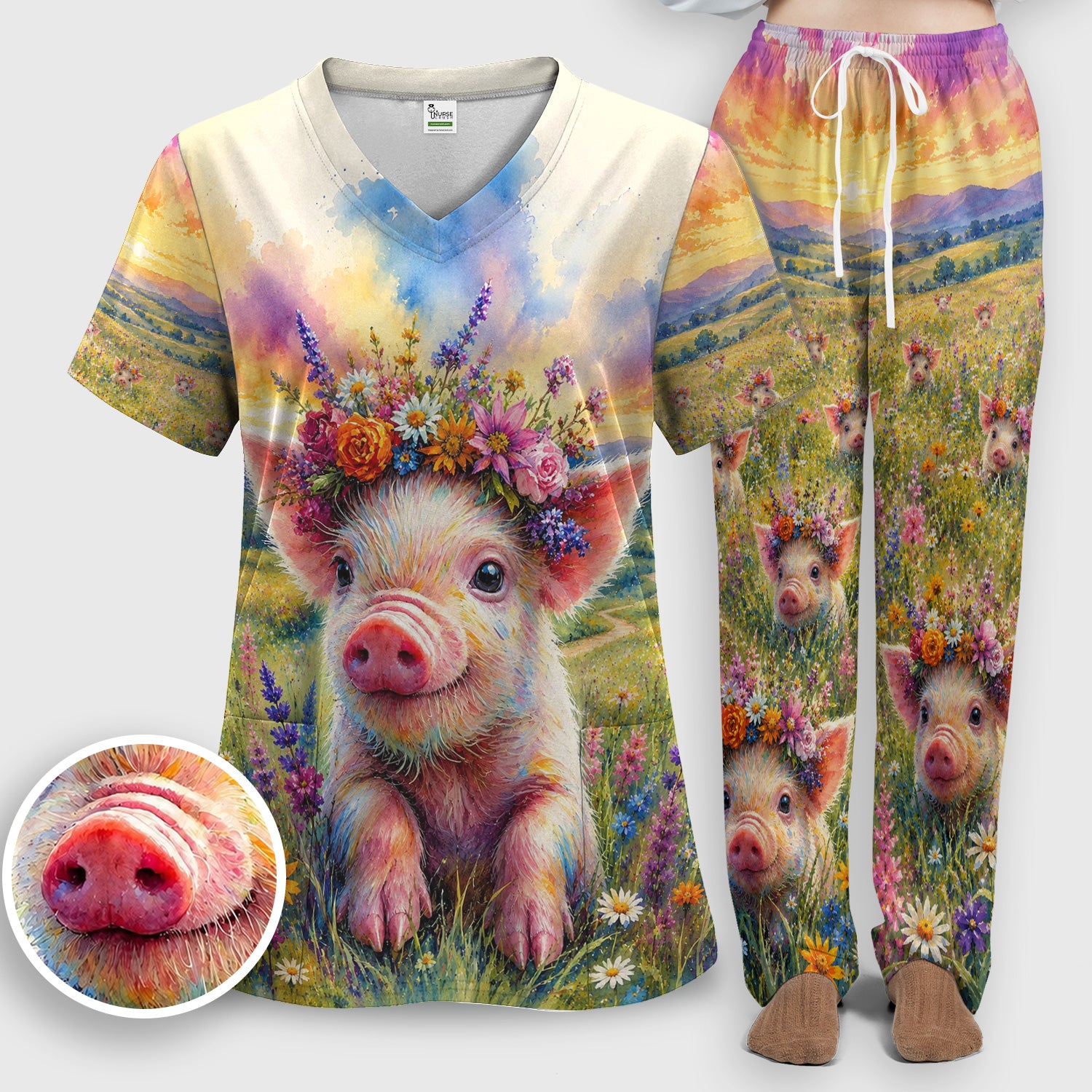 Cute Floral Piglet Pediatric Pattern Scrub Set, Scrub Pants and V Neck Top
