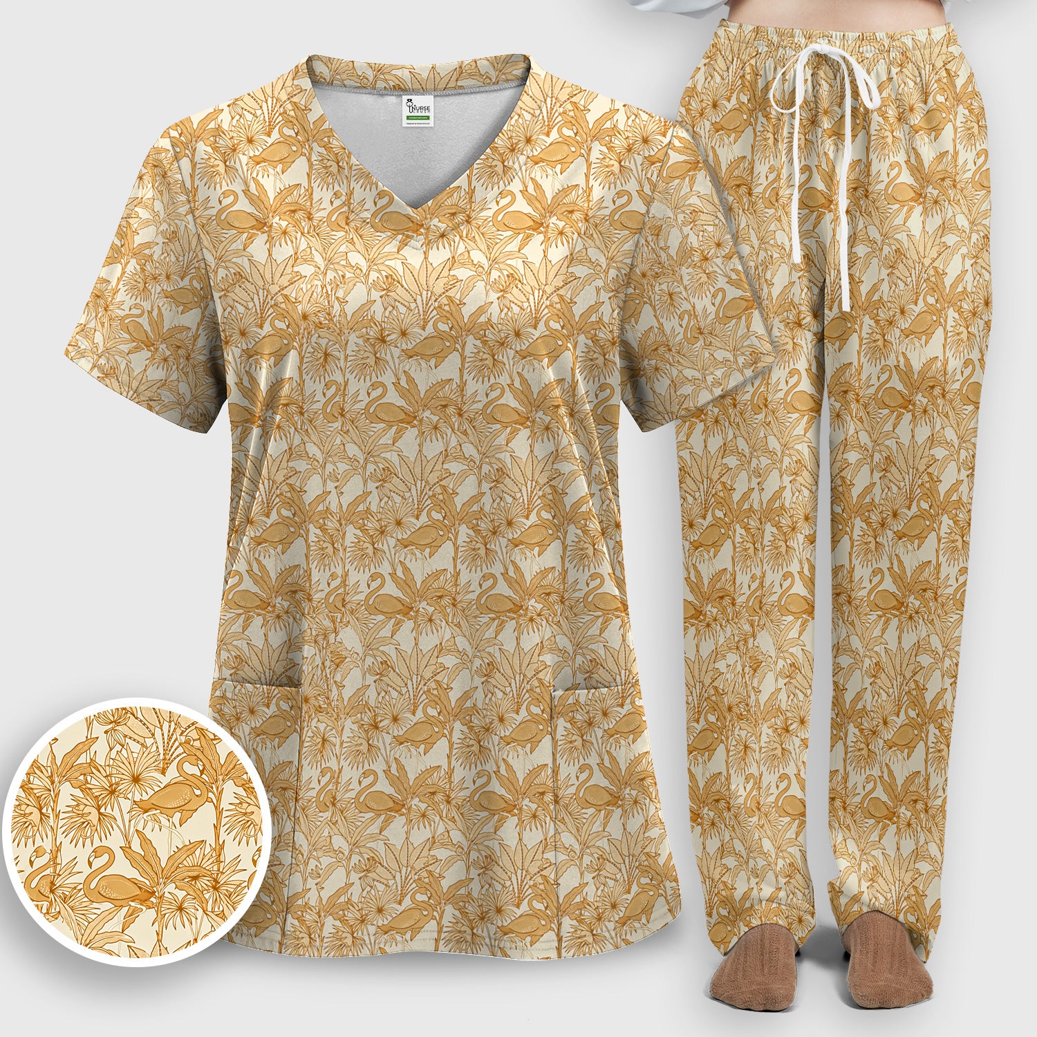 Tropical Flamingo Palm Leaves Pattern Scrub Top, Breathable Fabrics Nursing Uniform