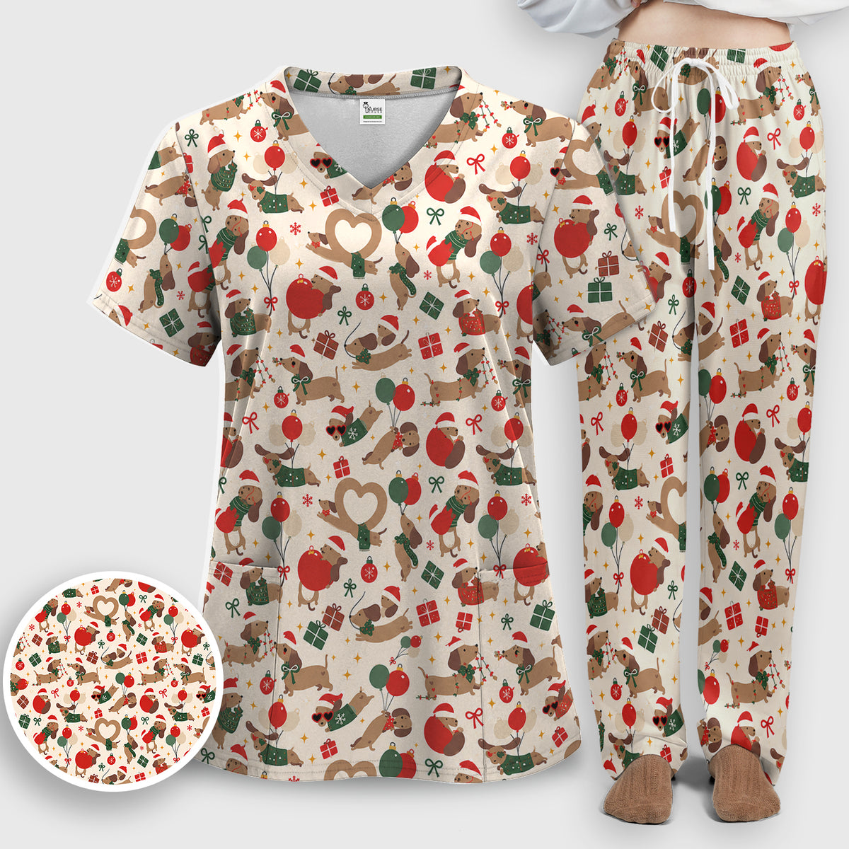 Cute Christmas Dachshund Pattern Scrub Set, Scrub Pants and V Neck Top