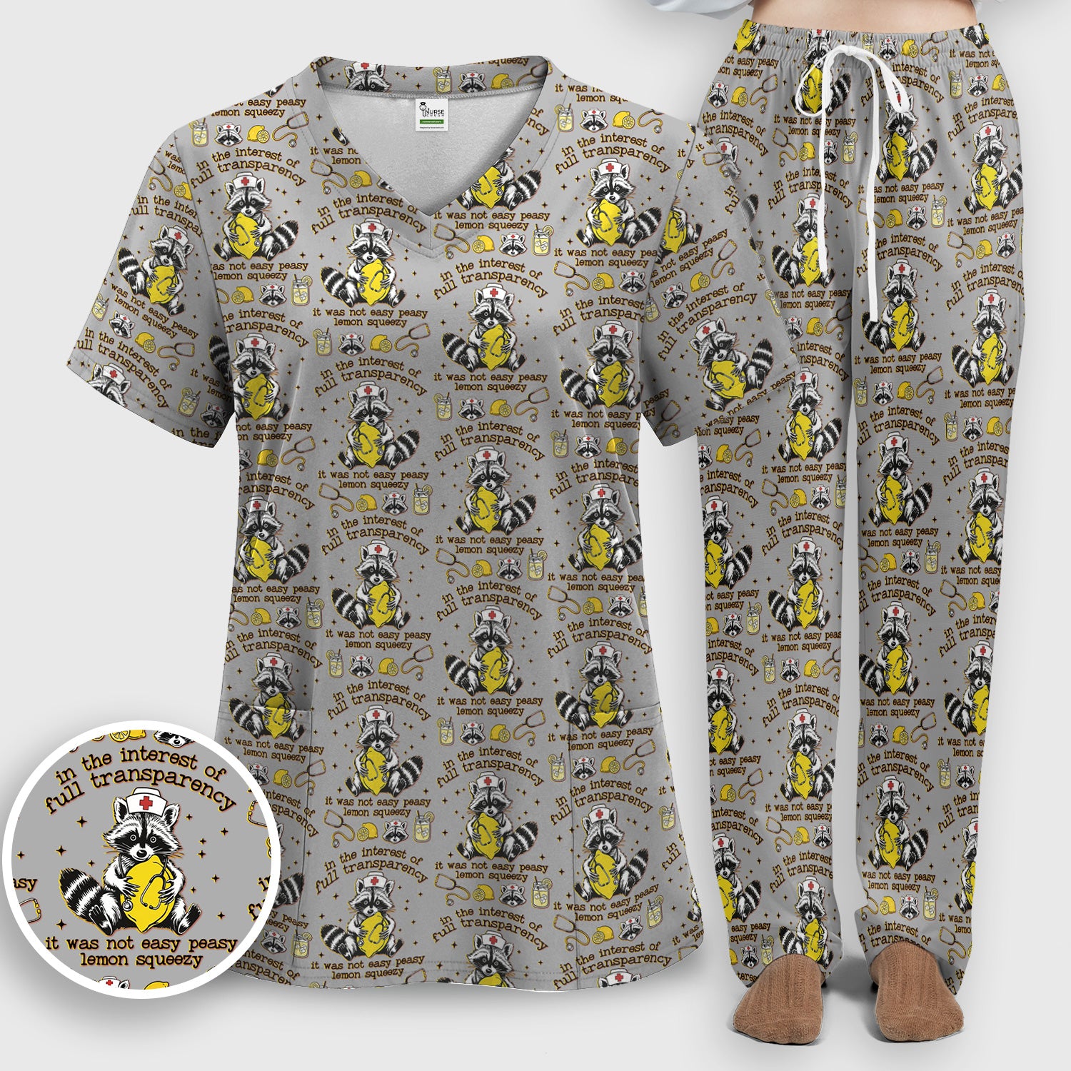Raccoon Lemon Quote Medical Humor Pattern Scrub Set, Breathable Med Uniform