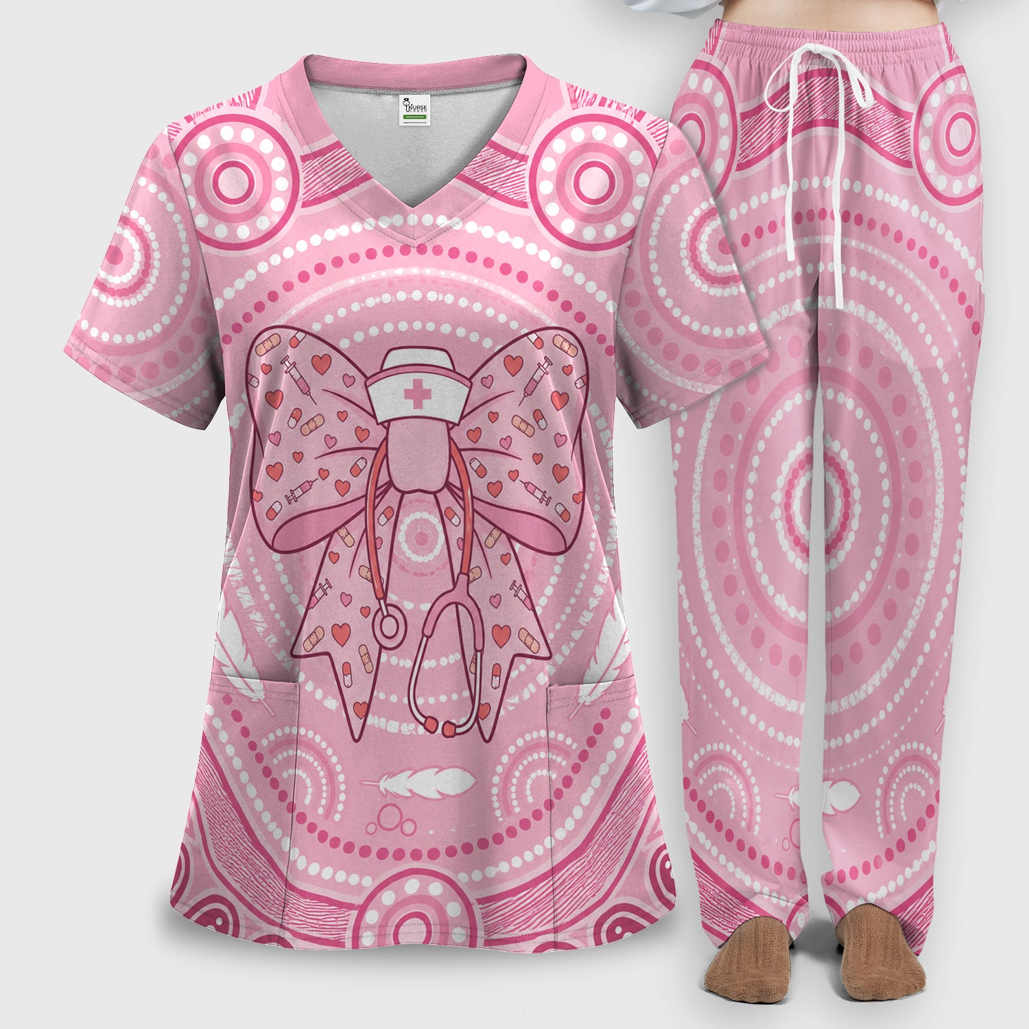 Pink Nurse Bow Stethoscope Pattern Scrub Set, Scrub Pants and V Neck Top