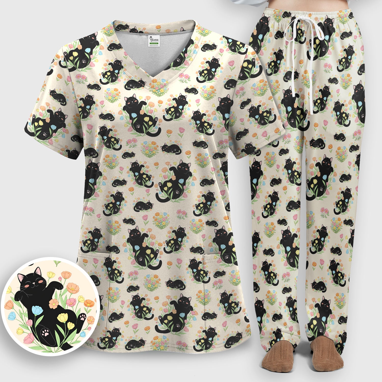 Cats With Cute Poses Floral Pattern Scrubs Sets, Scrub Pants and V Neck Top