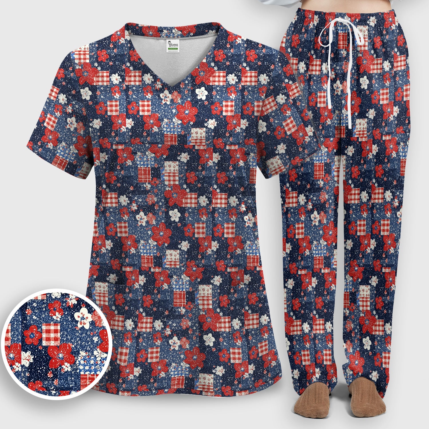 Patriotic Gingham Floral Patchwork Pattern Scrub Set, Scrub Pants and V Neck Top