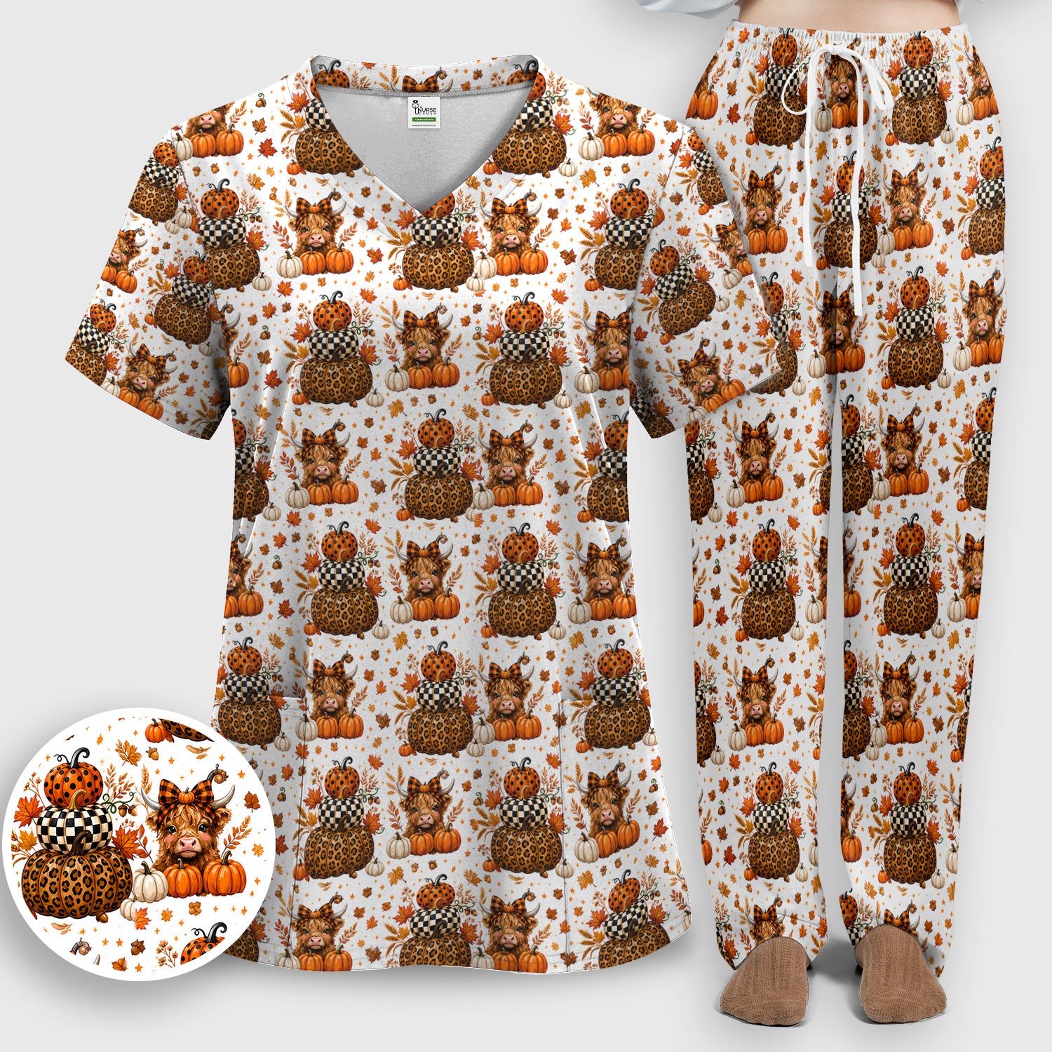Fall Highland Cow Pattern Scrub Set, Scrub Pants and V Neck Top