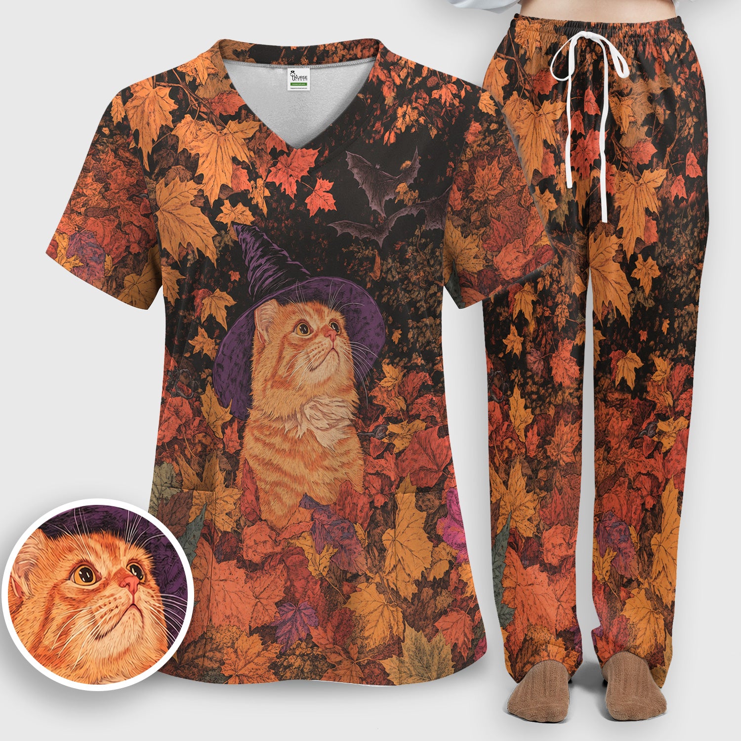 Autumn Cat with Fall Leaves Scrub Set, Scrub Pants and V Neck Top