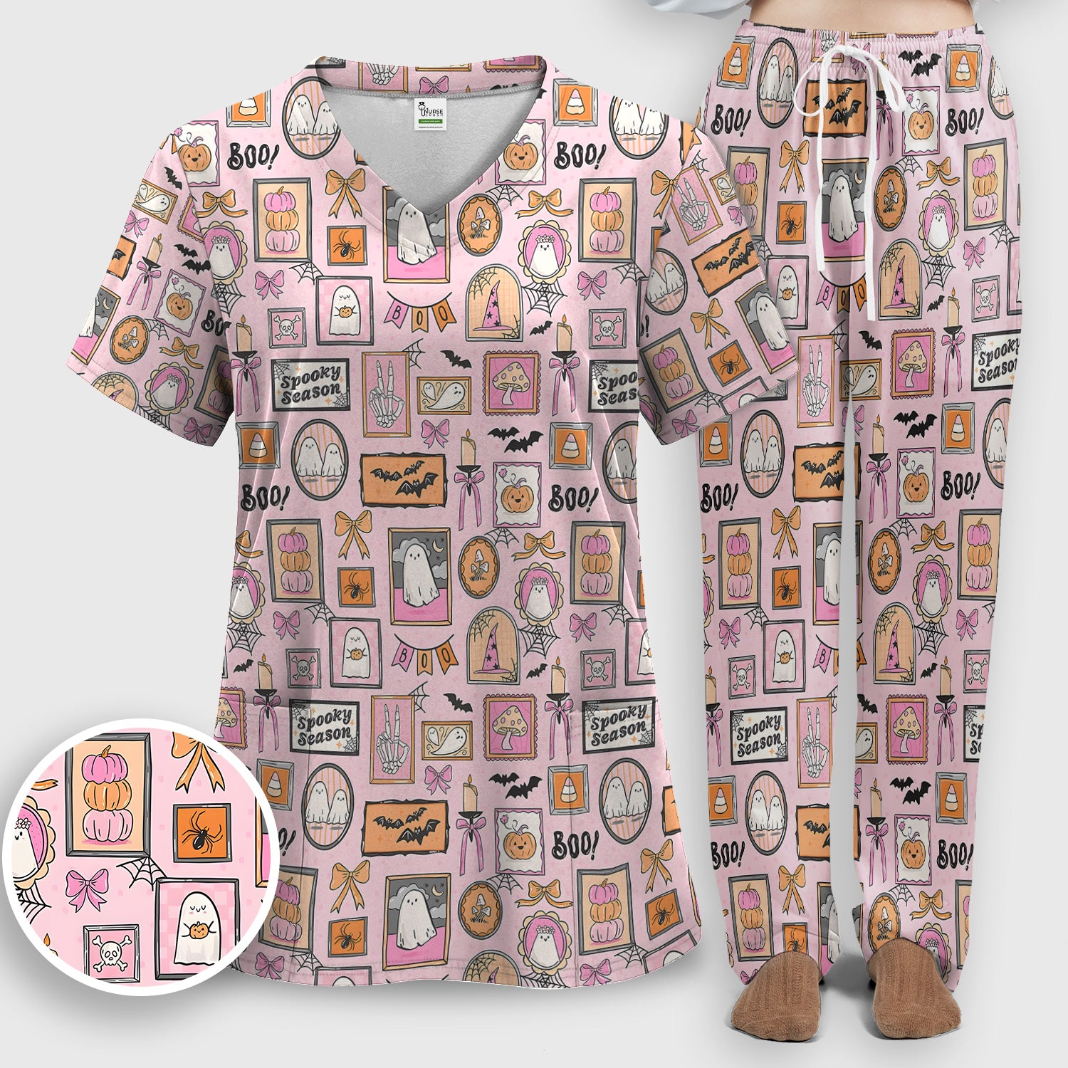 Pink Halloween Ghost Gallery Print Scrub Set, Scrub Pants and V Neck Top
