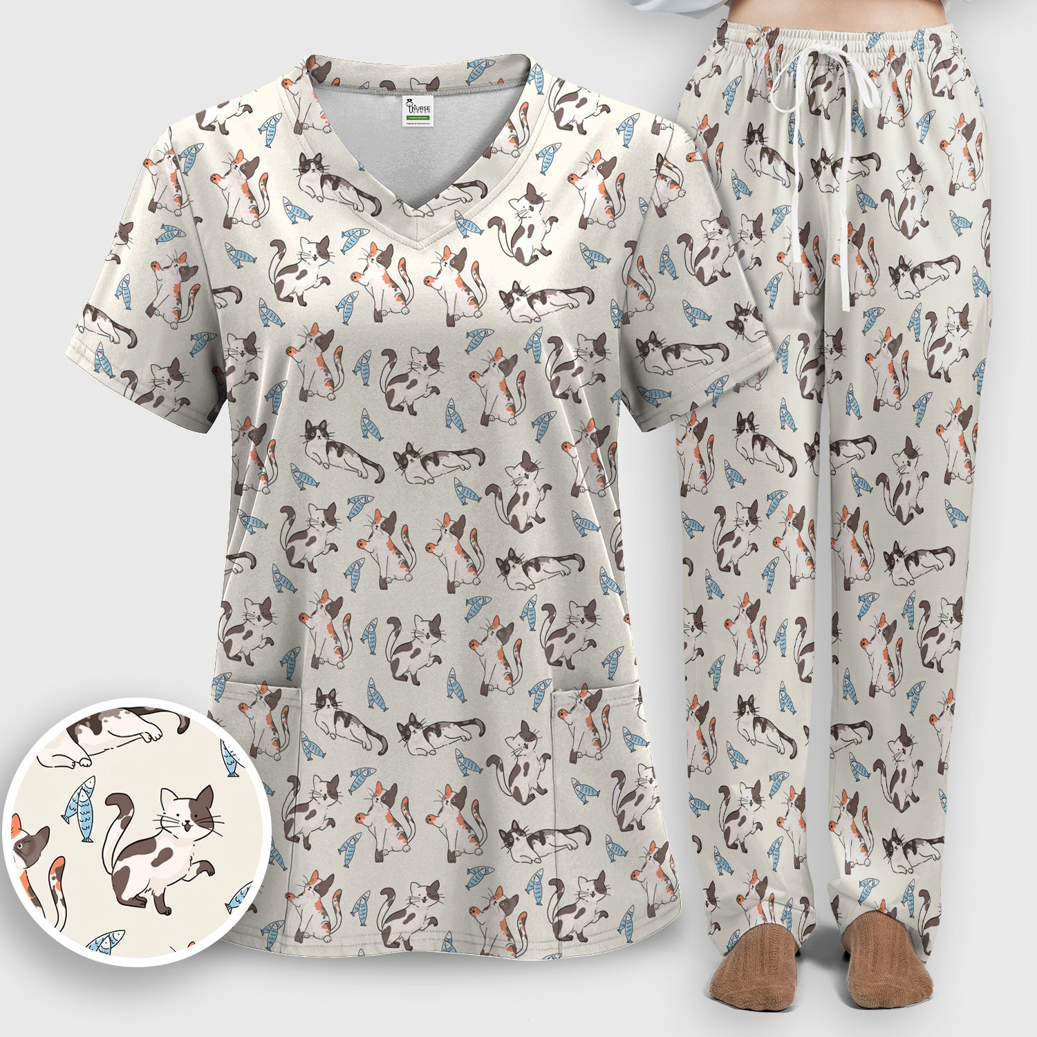 Cute Playful Cats With Fish Pattern Nurse Scrub Set, Scrub Pants and V Neck Top
