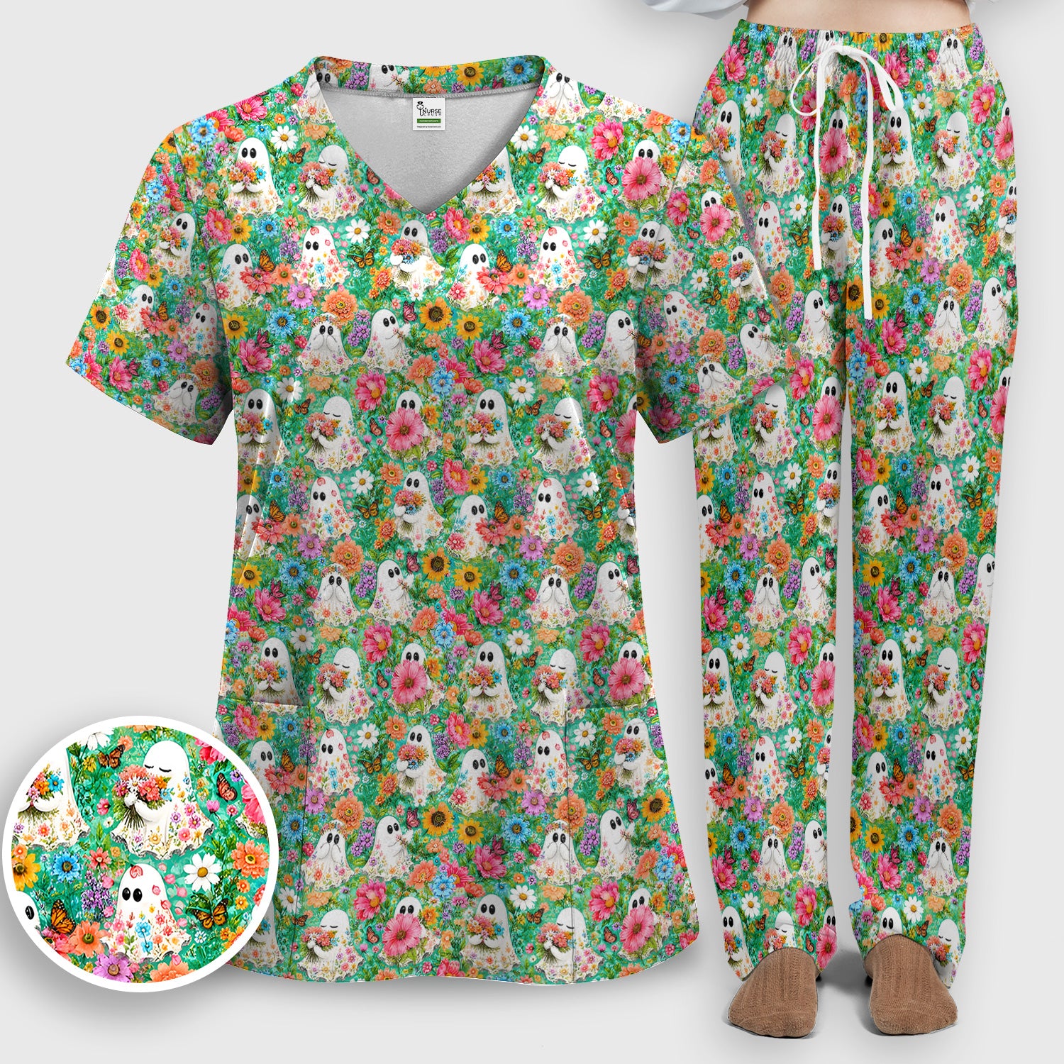 Cute Halloween Floral Ghosts Scrub Set, Scrub Pants and V Neck Top
