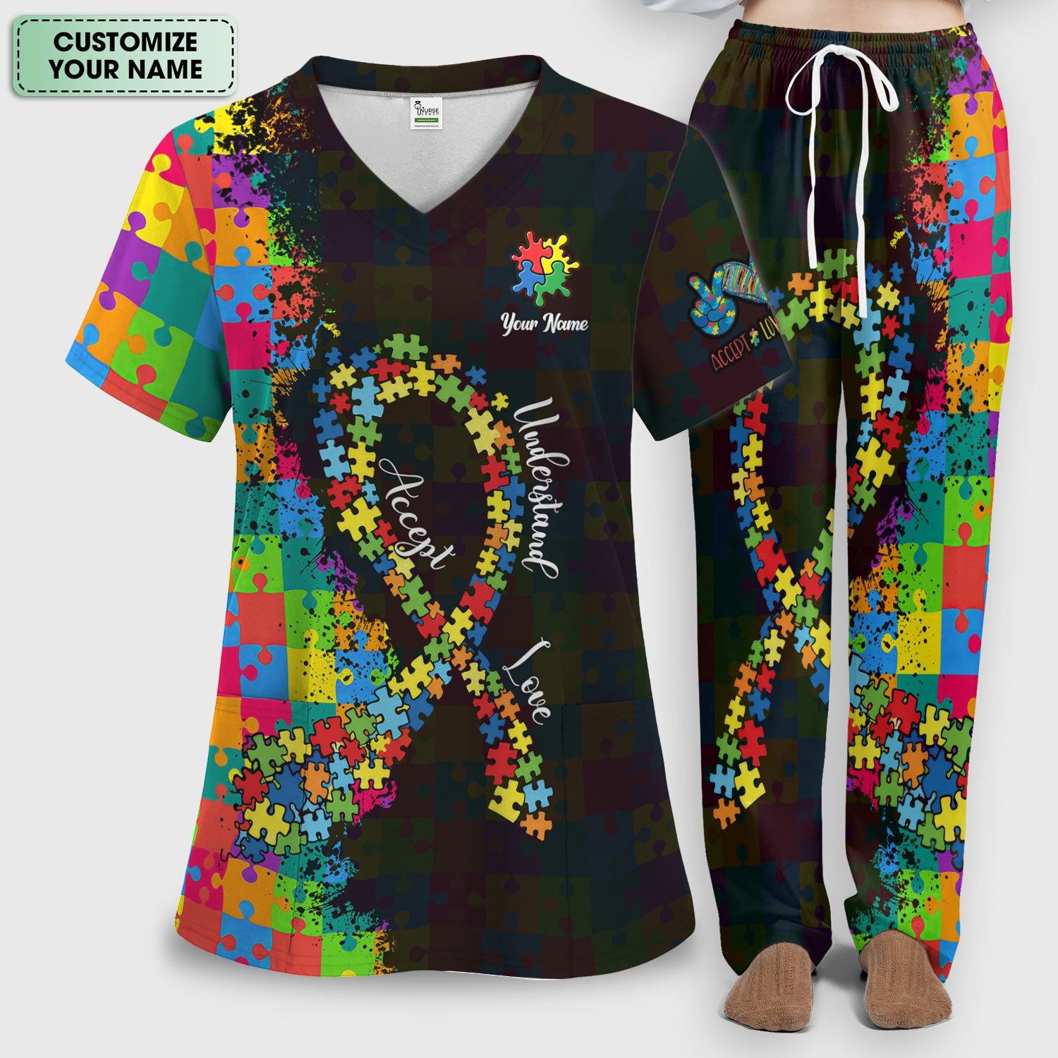 Personalized Autism Awareness Puzzle Ribbon Scrub Set, Breathable Med Uniform