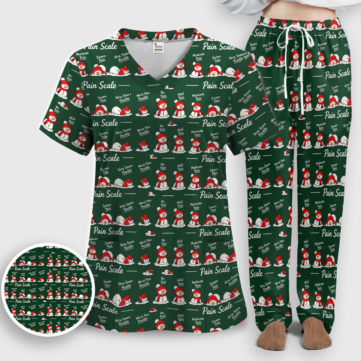Funny Christmas Snowman Pain Scale Scrub Set, Scrub Pants and V Neck Top