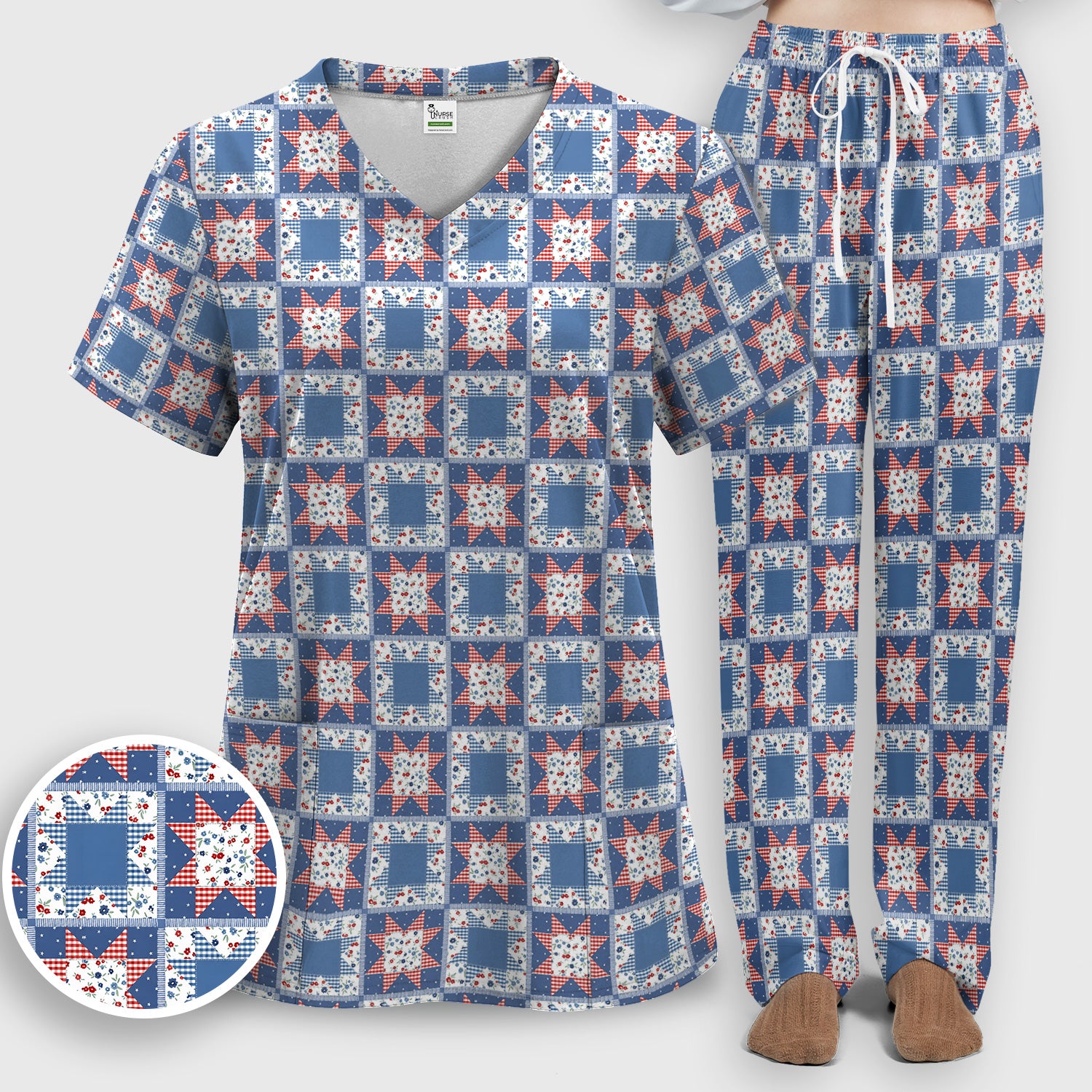 Vintage Patchwork Star Quilt Pattern Scrub Set, Scrub Pants and V Neck Top