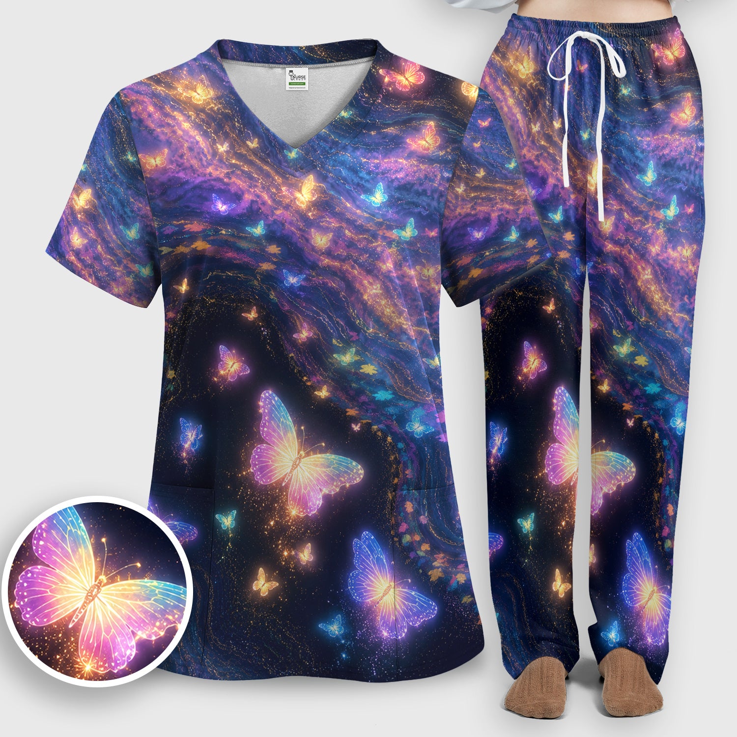 Neon Butterfly Galaxy Marble Print Scrub Set, Scrub Pants and V Neck Top