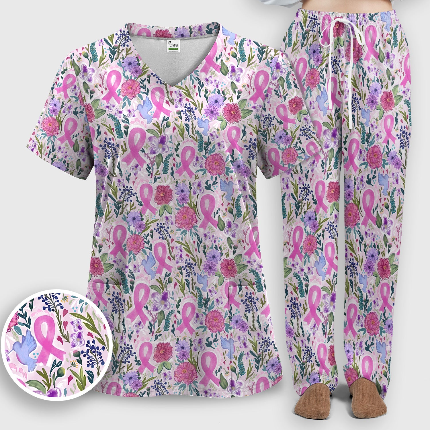 Floral Pink Ribbon Print Scrub Set, Scrub Pants and V Neck Top