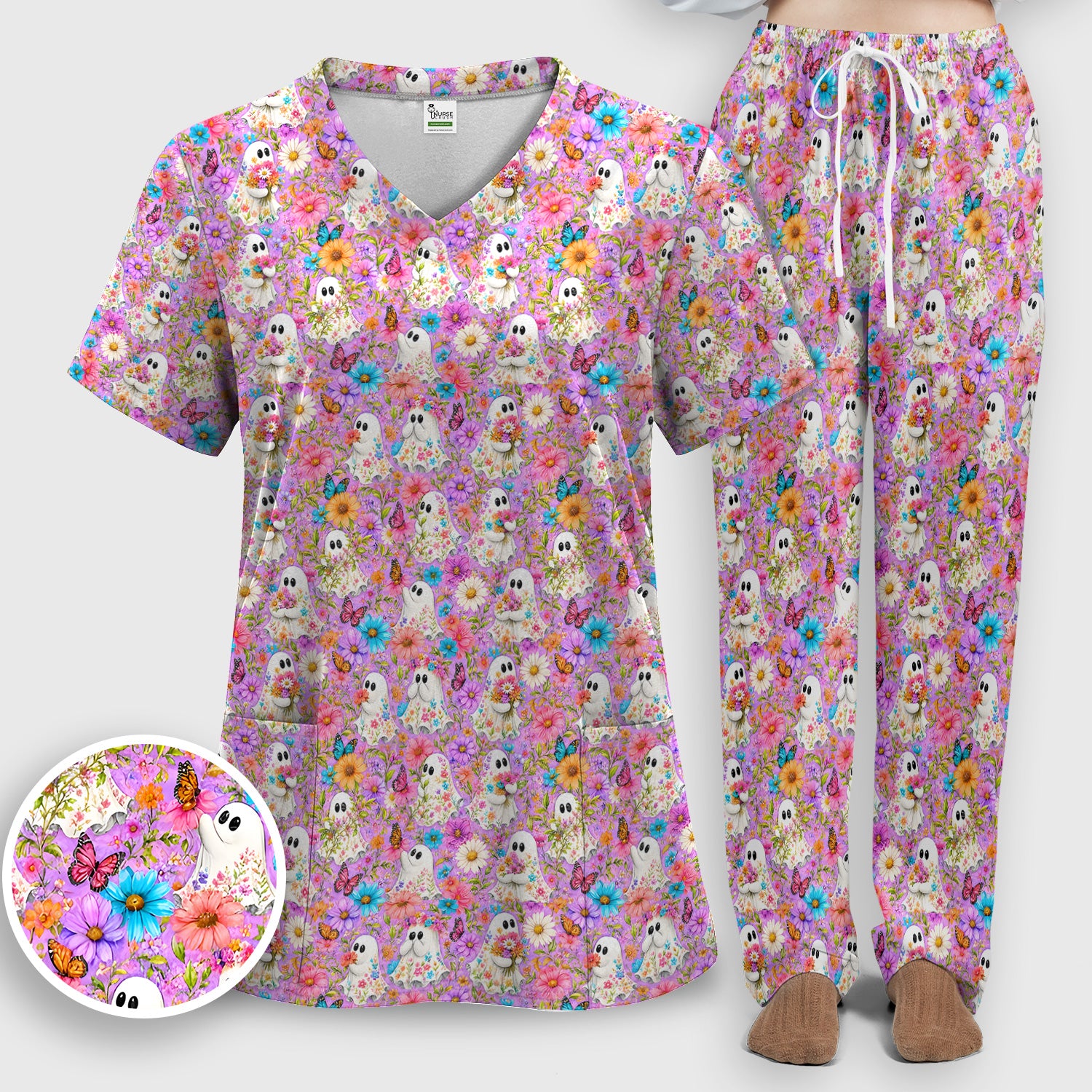 Cute Halloween Floral Ghosts And Butterflies Scrub Set, Scrub Pants and V Neck Top